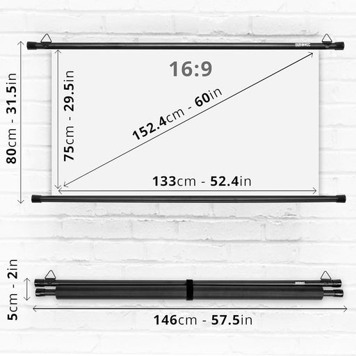 Duronic BPS60 16/9 Schermo di proiezione 60” formato 16:9/133 x 75 cm telo proiettore telo da proiezione Barra a gancio per esterni ed interni Full HD 3D 4K - Home cinema home theater ufficio