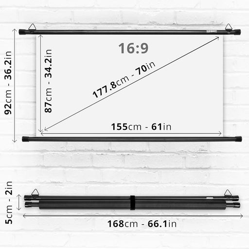 Duronic BPS70 16/9 Schermo di proiezione 70” formato 16:9/155 x 87 cm telo proiettore telo da proiezione Barra a gancio per esterni ed interni Full HD 3D 4K - Home cinema home theater ufficio