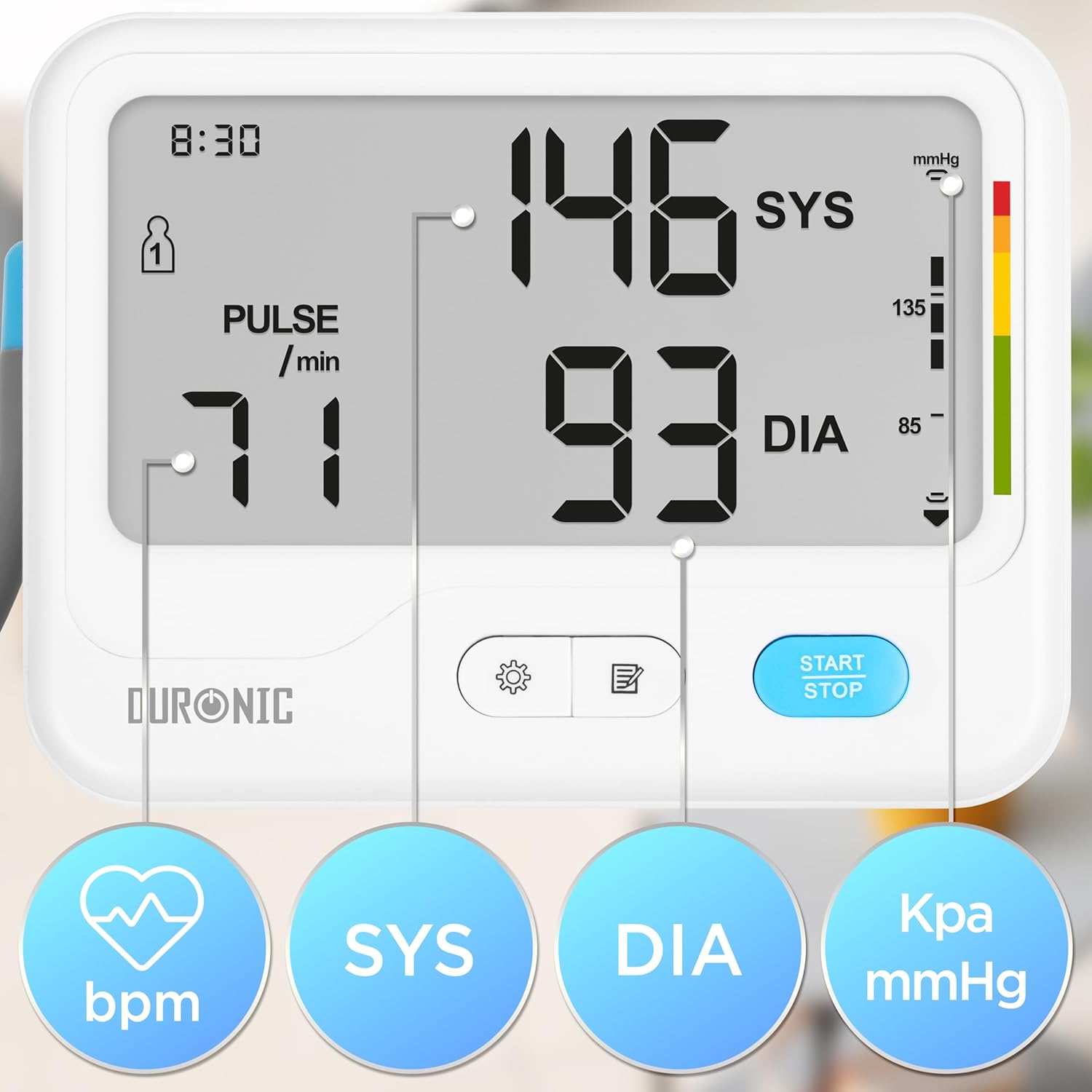 Duronic BPM125 Misuratore di Pressione da Braccio Digitale, Sfigmomanometro Automatico con Bracciale Regolabile, Memoria, Display Luminoso,Rilevazione Aritmie, 4 Batterie AA Incluse