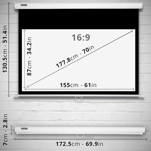 Duronic MPS70 16:9 Telo Proiettore 70 pollici, Schermo per proiettore, Telo da proiezione interno esterno, Home theater cinema Full HD 3D 4K, Schermo di proiezione anti pieghe per casa ufficio scuola