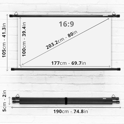 Duronic BPS80 16:9 Telo Proiettore 80 pollici, Schermo per proiettore, Telo da proiezione interno esterno, Home theater cinema Full HD 3D 4K, Schermo di proiezione anti pieghe per casa ufficio scuola