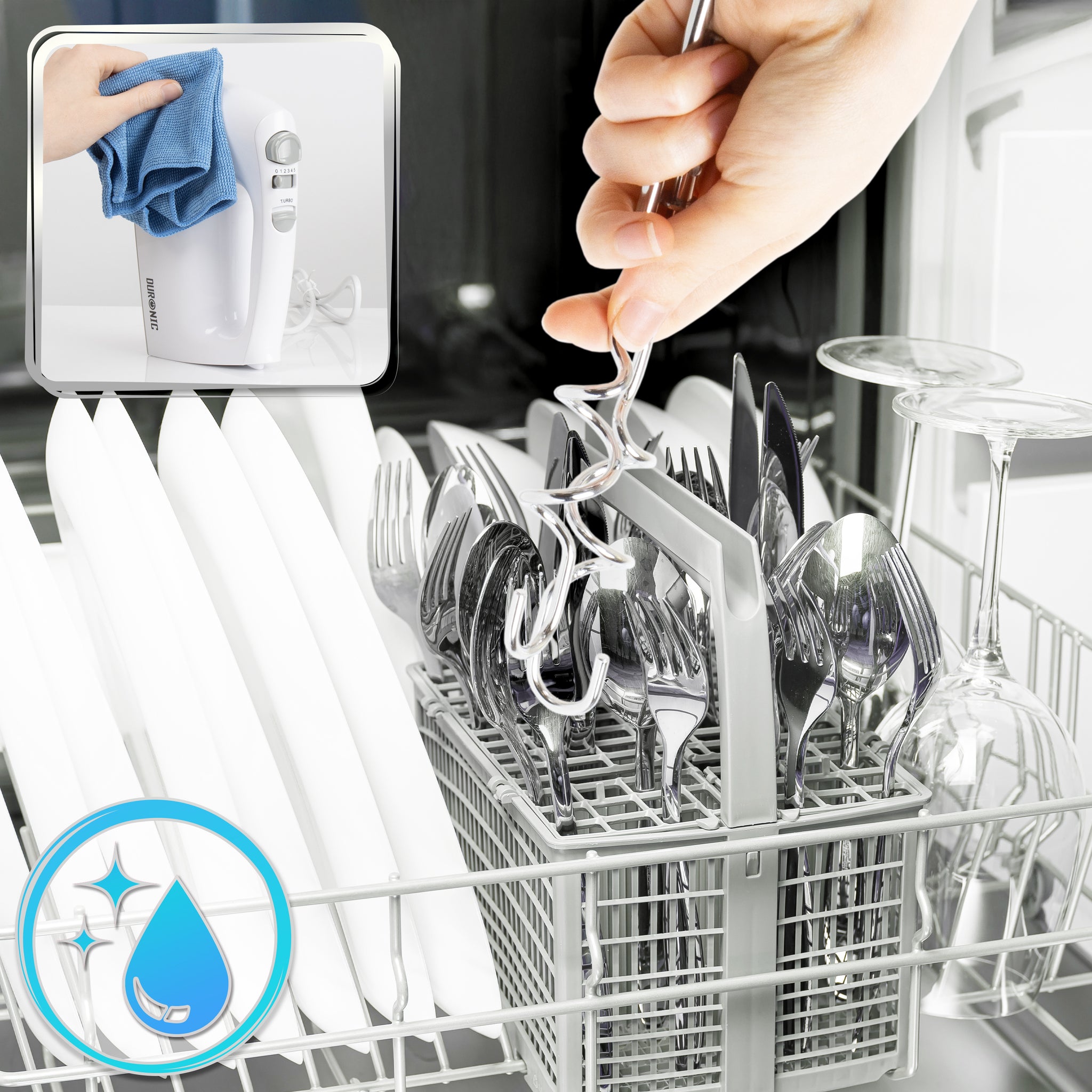 Duronic HM4 WE Sbattitore elettrico 400 W, Mixer 5 velocità e funzione turbo, Frusta elettrica con contenitore per accessori, 2 sbattitori 2 ganci e 1 frusta in acciaio INOX, Nero, Leggero