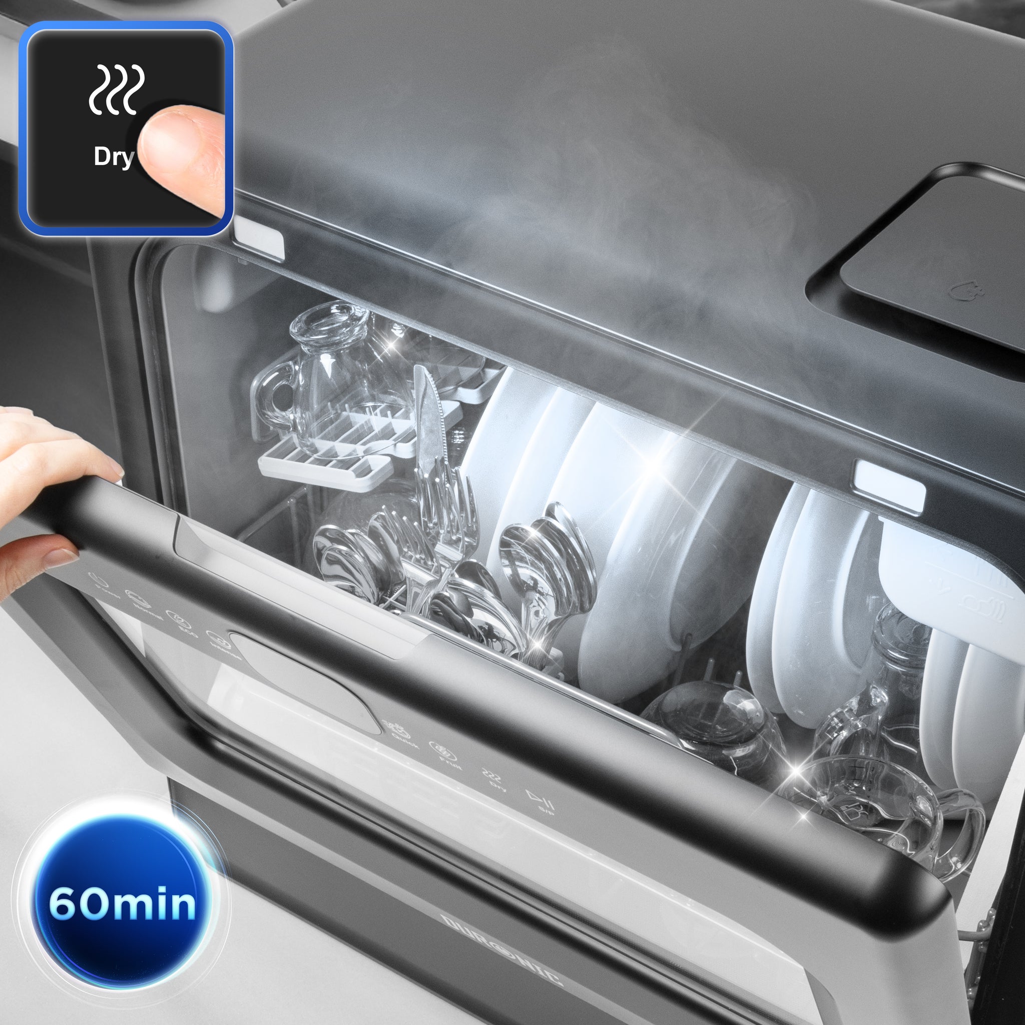 Duronic DW10 BK Lavastoviglie Compatta da Tavolo 1050W, Mini Lavastoviglie Portatile Salvaspazio con Serbatoio Acqua, 5 Programmi Eco Rapido Intensivo Asciugatura, LED Touch per Piccola Cucina Camper