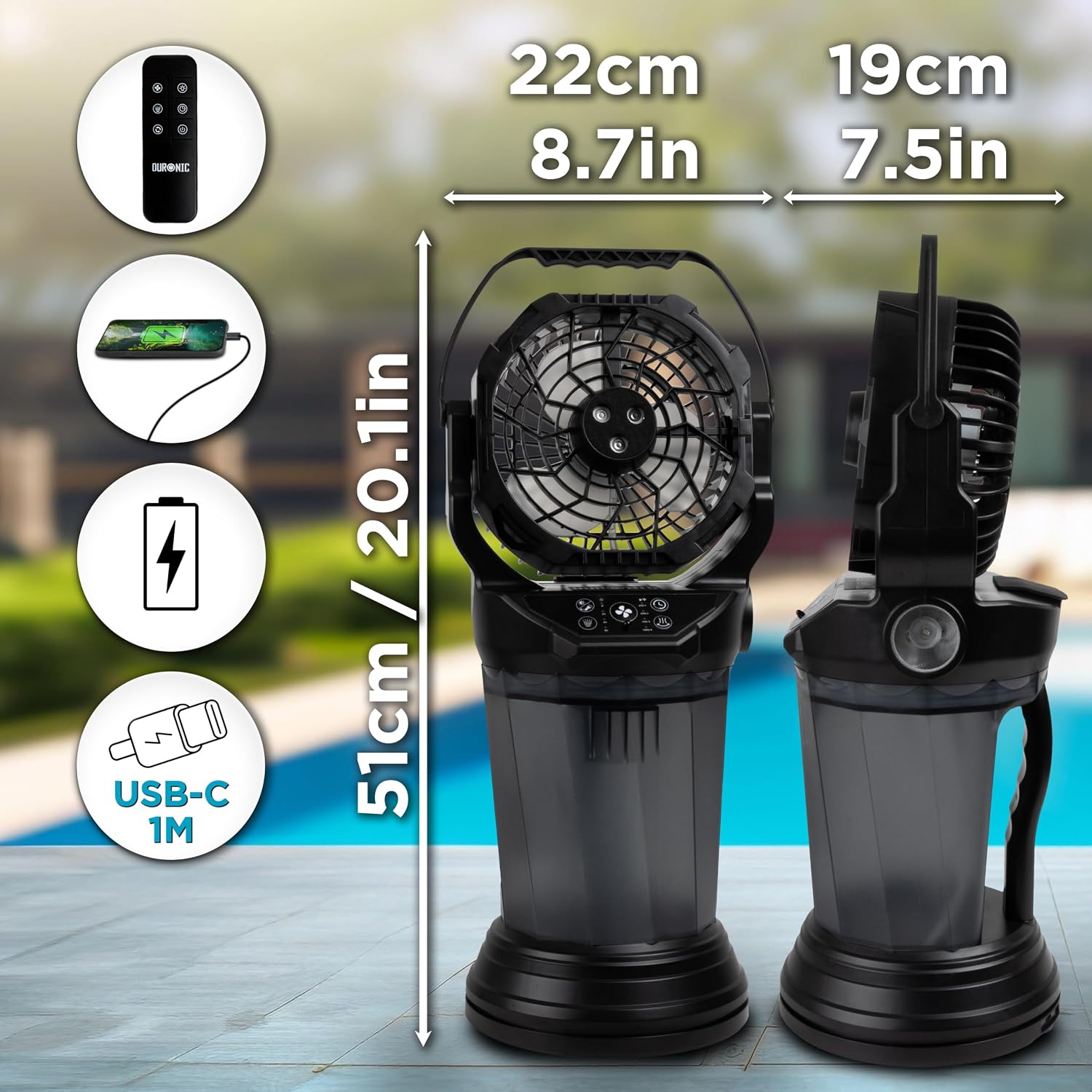 Duronic FM6 Ventilatore Nebulizzatore Portatile Ricaricabile 2L | Telecomando, 4 velocità, oscillazione 90°, luci LED, torcia emergenza, timer, USB-C, 2kg, per camera, ufficio, campeggio