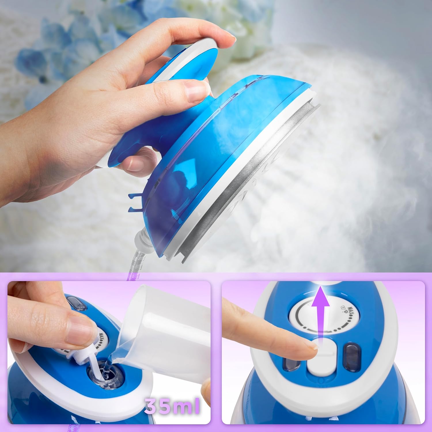 Duronic SI3 BE Mini Ferro da Stiro | Ferro da viaggio a vapore 400W | Serbatoio 35ml | Steamer portatile con base dappoggio e borsello da viaggio | Per lavori di cucito, quilting | Blu