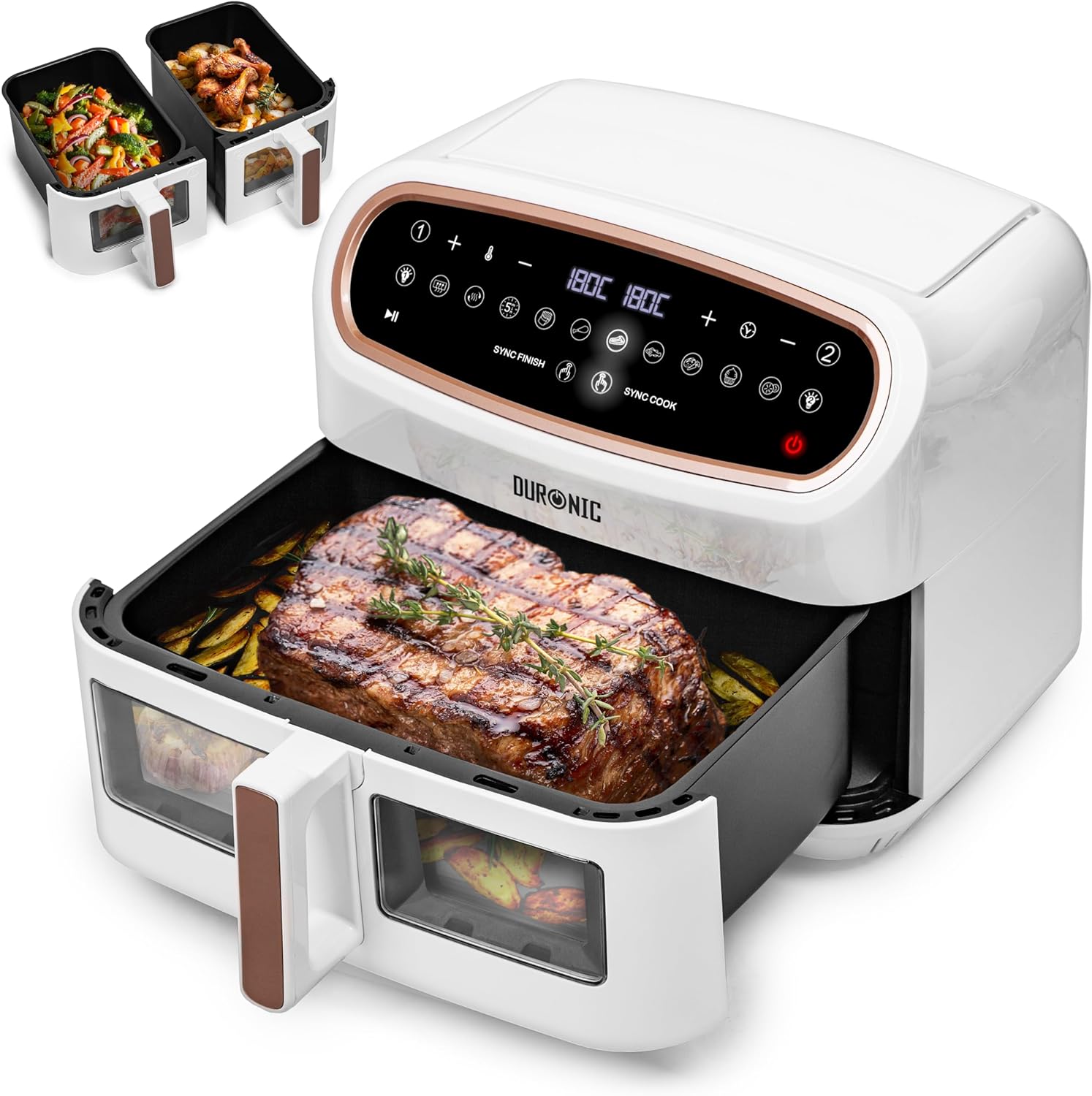 Duronic AF34 WG Friggitrice ad Aria extra grande, Air Fryer 2400W, 2 cestelli da 5L e 1 Cestello da 10L, Friggitrice senza olio 10in1, Friggitrice ad aria calda con finestra di controllo, Friggitrice