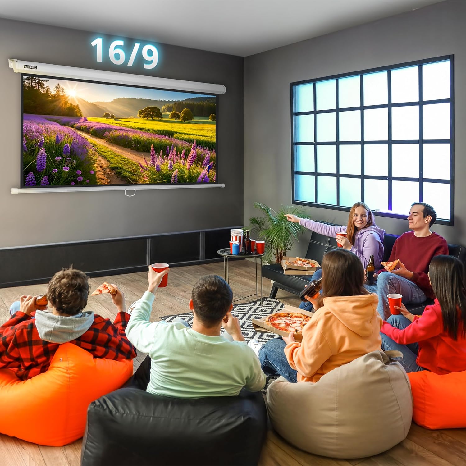 Duronic MPS100 WE 16/9 Schermo di proiezione 100 formato 16:9 / 125 x 221 cm telo da proiezione a sviluppo manuale - Fissaggio a muro o a soffitto - Full HD 3D 4K - Home cinema home theater ufficio