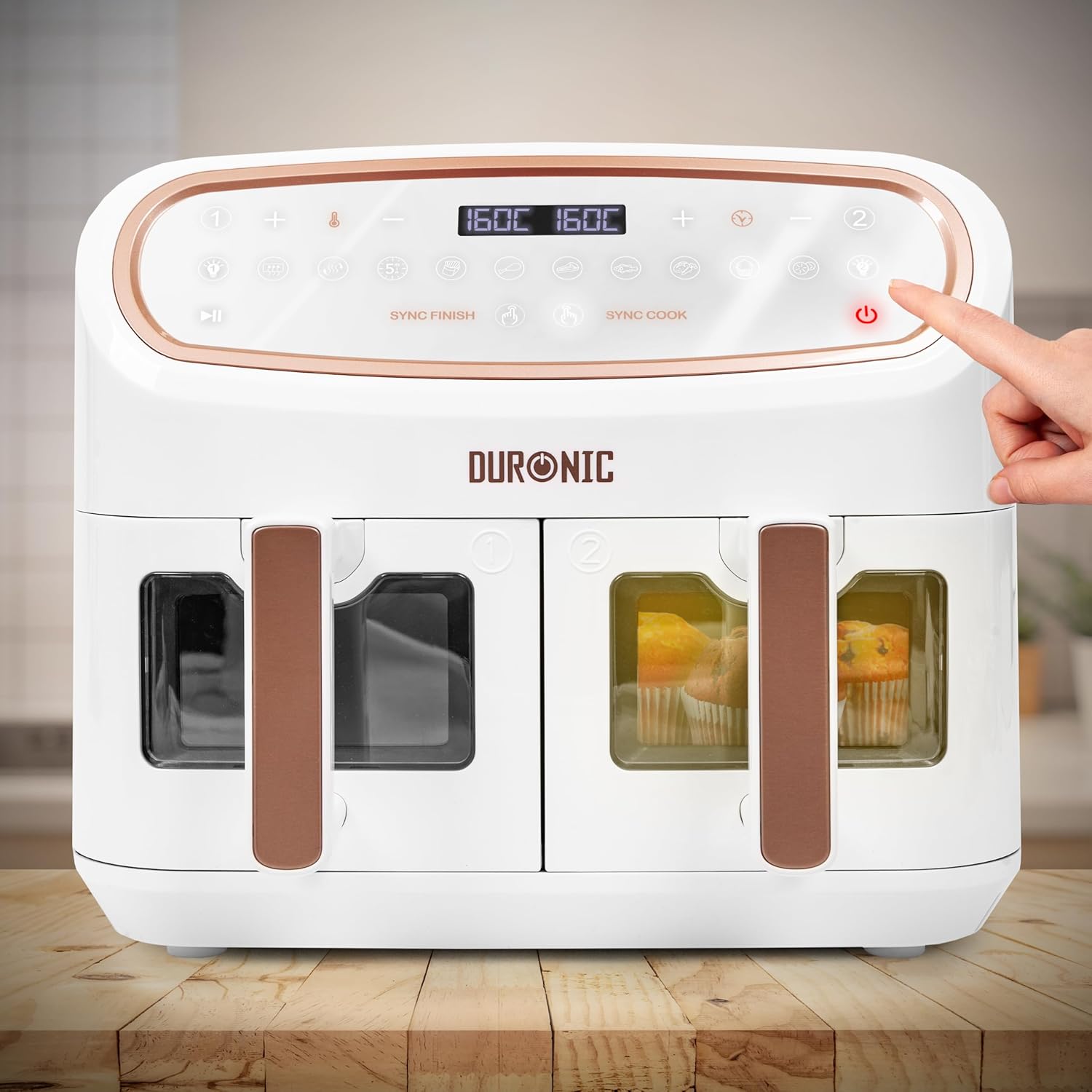 Duronic AF34 WE Friggitrice ad Aria extra grande, Air Fryer 2400W, 2 cestelli da 5L e 1 Cestello da 10L, Friggitrice senza olio 10in1, Friggitrice ad aria calda con finestra di controllo, Friggitrice