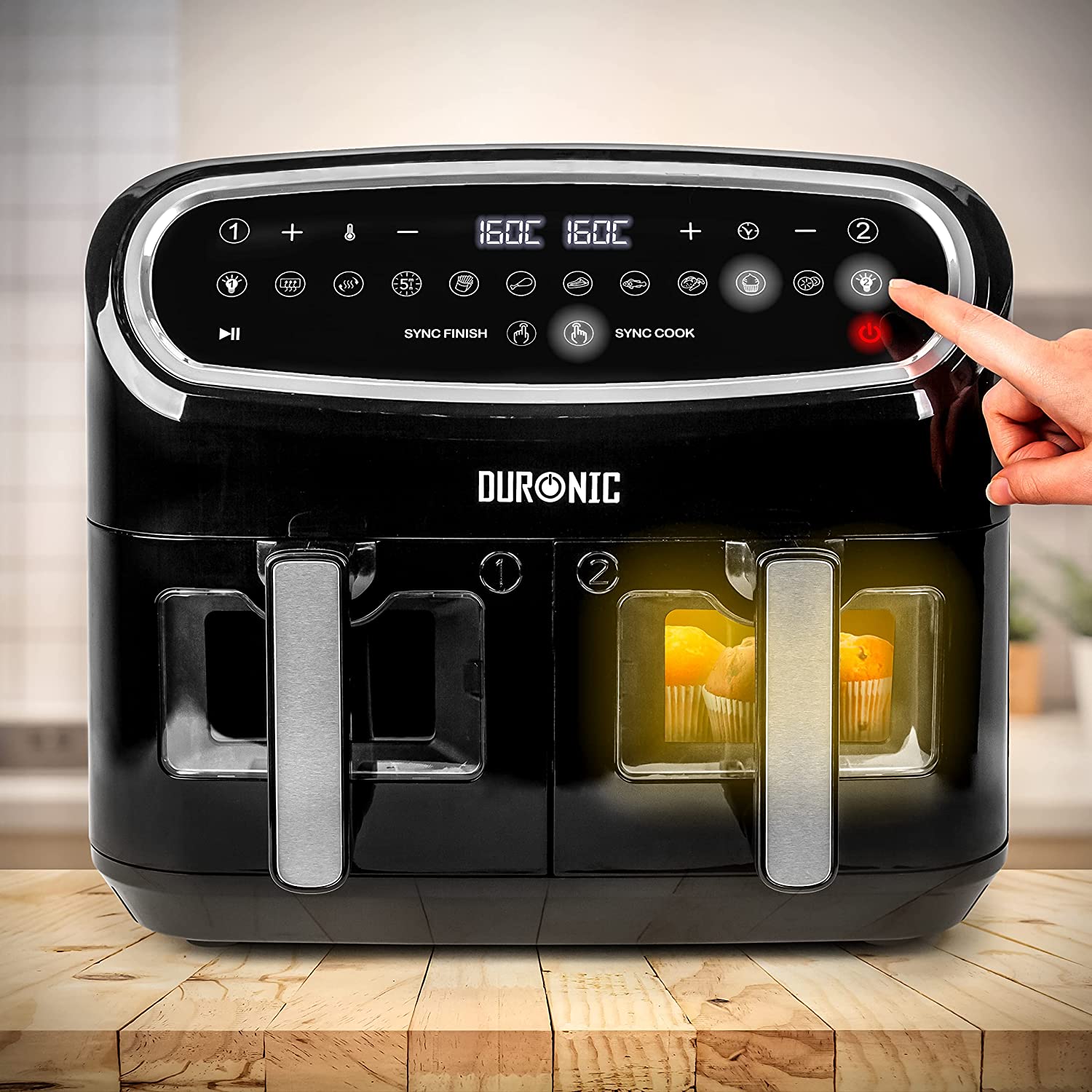 Duronic AF34 BK Friggitrice ad Aria XXL, Air Fryer 2400W Compatta, 2 cestelli da 5L e 1 Cestello da 10L, Friggitrice senza olio 10 in 1, Friggitrice ad aria calda con finestra di controllo