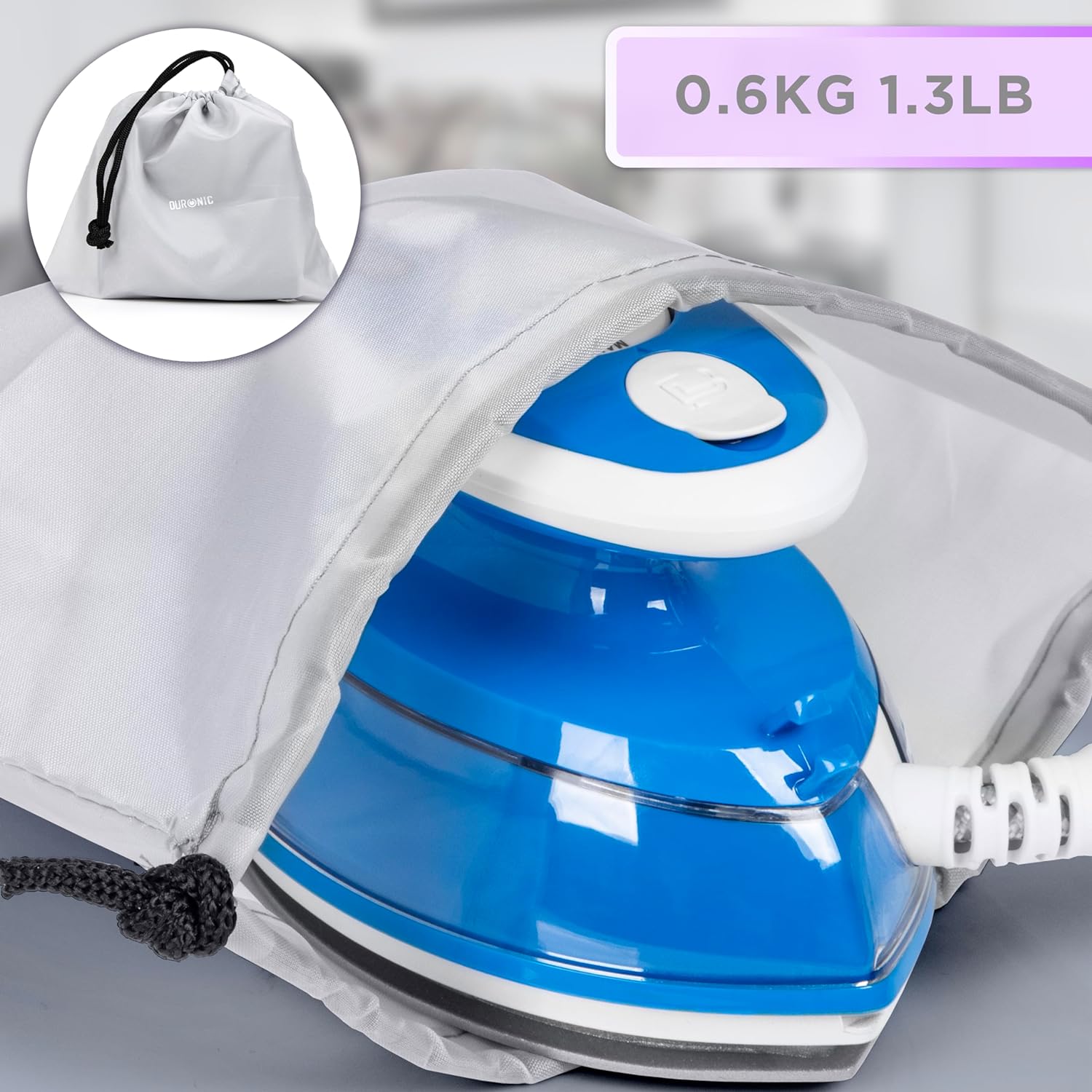 Duronic SI3 BE Mini Ferro da Stiro | Ferro da viaggio a vapore 400W | Serbatoio 35ml | Steamer portatile con base dappoggio e borsello da viaggio | Per lavori di cucito, quilting | Blu