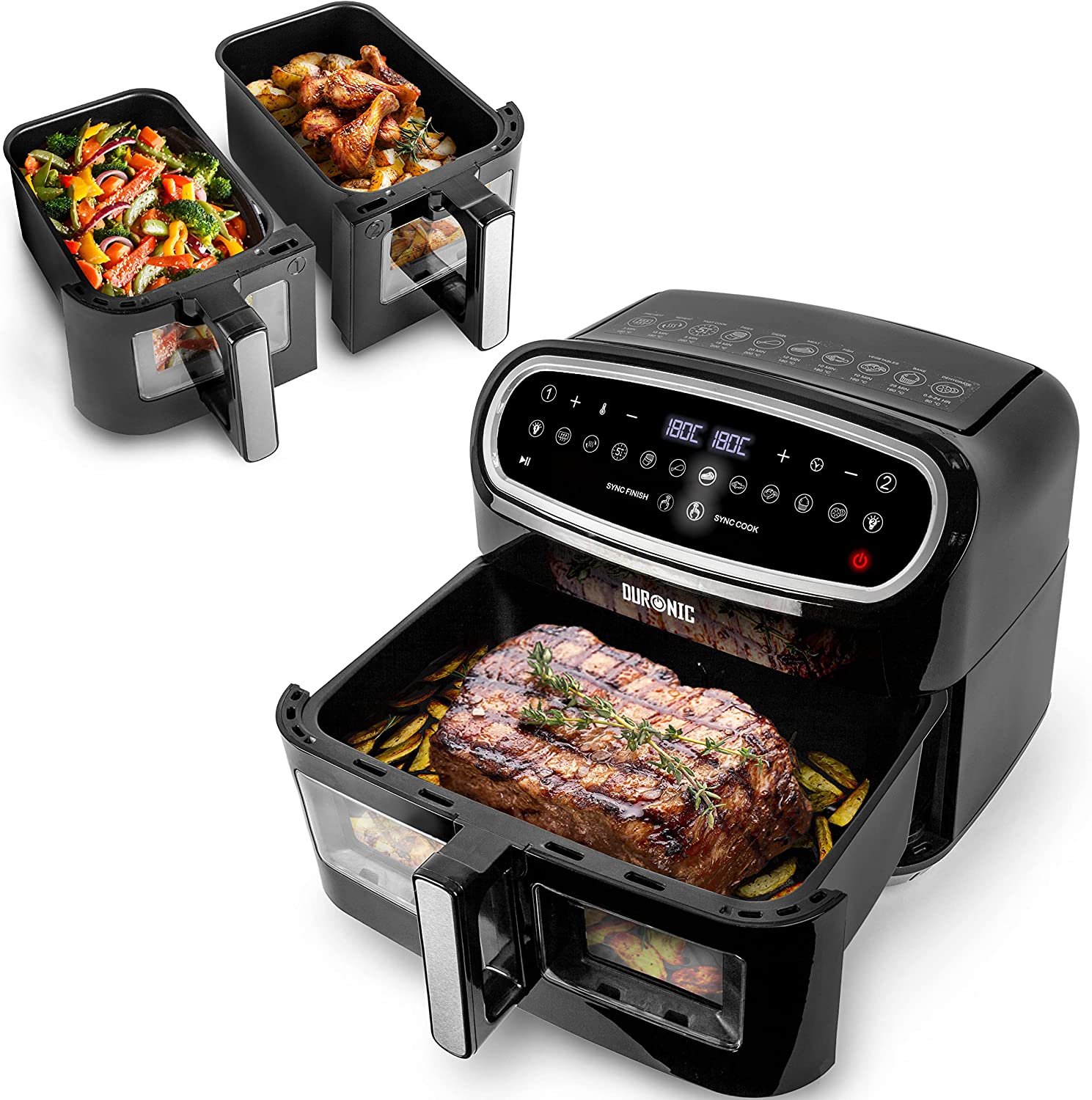 Duronic AF34 BK Friggitrice ad Aria XXL, Air Fryer 2400W Compatta, 2 cestelli da 5L e 1 Cestello da 10L, Friggitrice senza olio 10 in 1, Friggitrice ad aria calda con finestra di controllo