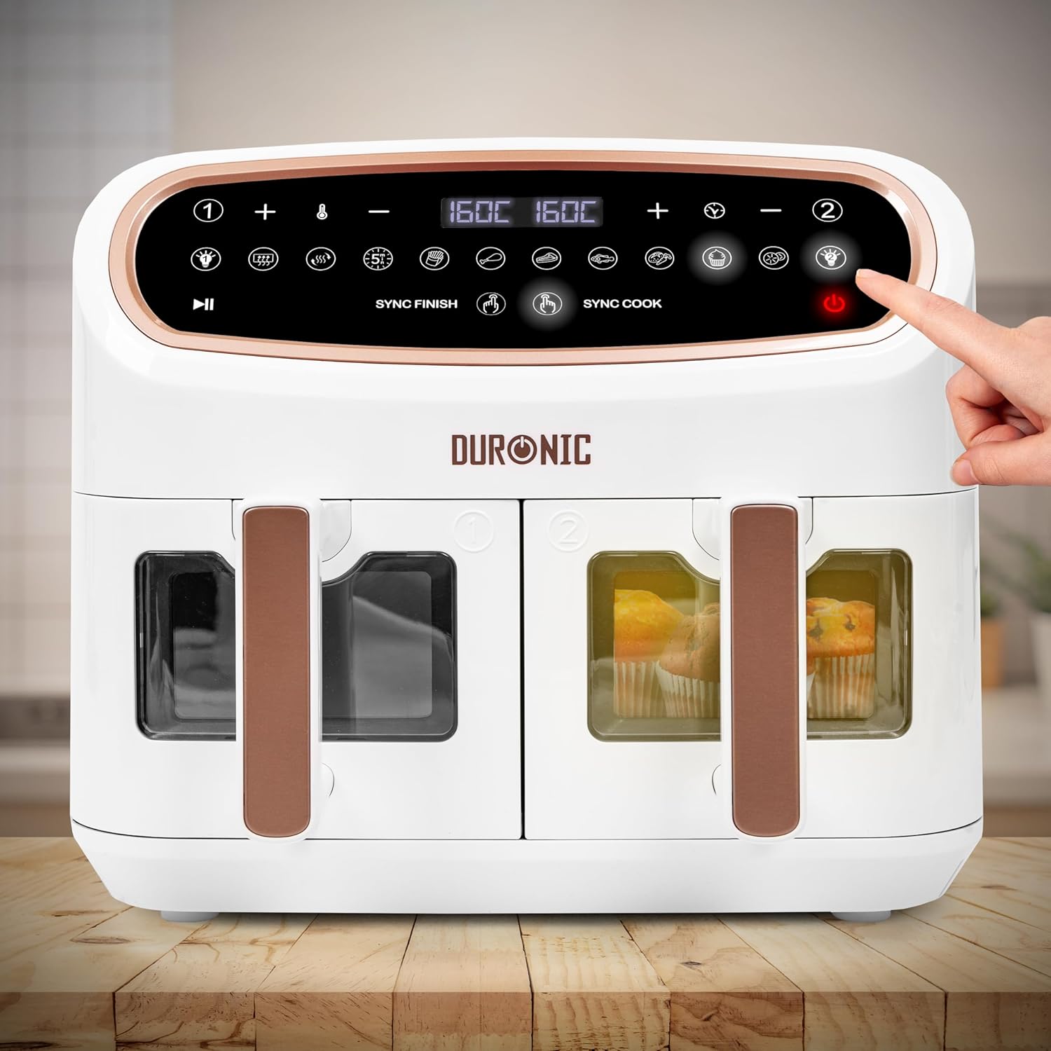 Duronic AF34 WG Friggitrice ad Aria extra grande, Air Fryer 2400W, 2 cestelli da 5L e 1 Cestello da 10L, Friggitrice senza olio 10in1, Friggitrice ad aria calda con finestra di controllo, Friggitrice