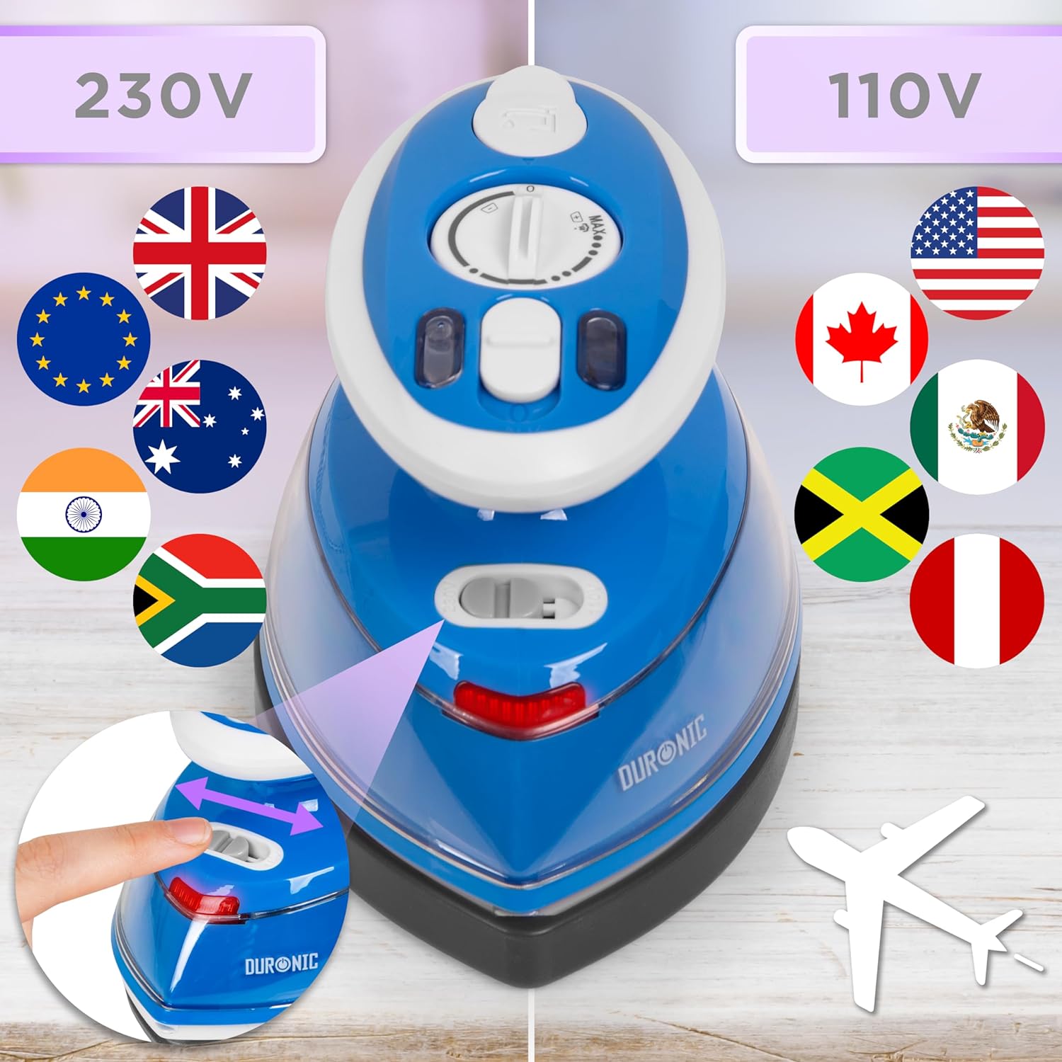 Duronic SI3 BE Mini Ferro da Stiro | Ferro da viaggio a vapore 400W | Serbatoio 35ml | Steamer portatile con base dappoggio e borsello da viaggio | Per lavori di cucito, quilting | Blu