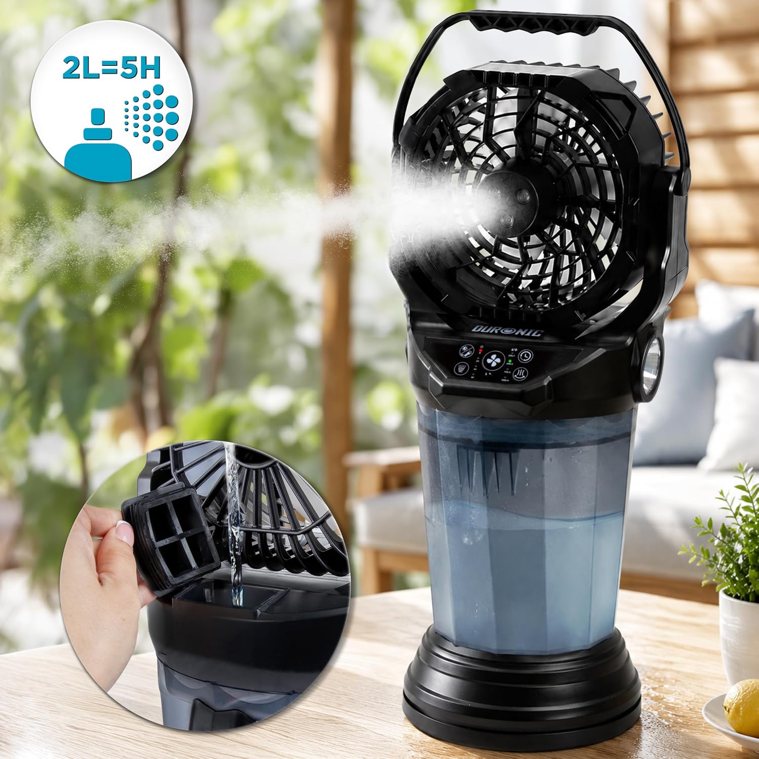 Duronic FM6 Ventilatore Nebulizzatore Portatile Ricaricabile 2L | Telecomando, 4 velocità, oscillazione 90°, luci LED, torcia emergenza, timer, USB-C, 2kg, per camera, ufficio, campeggio