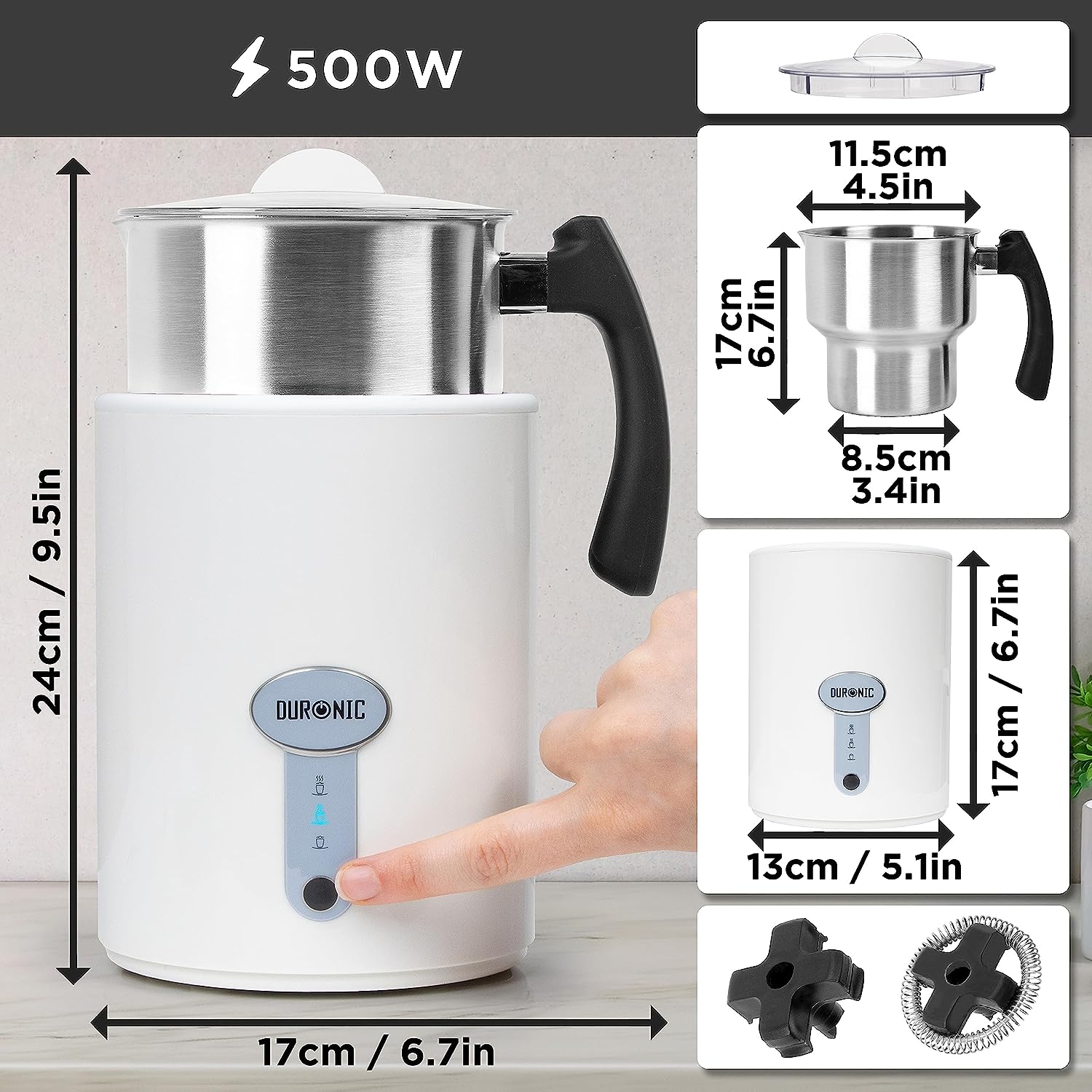 Duronic MF500 WE Montalatte elettrico 3 in 1 - Schiumalatte automatico 500 ml - Scaldalatte 500W - Facile da usare e pulire - Ideale per caffè, cioccolata calda, cappuccino, latte, bianco