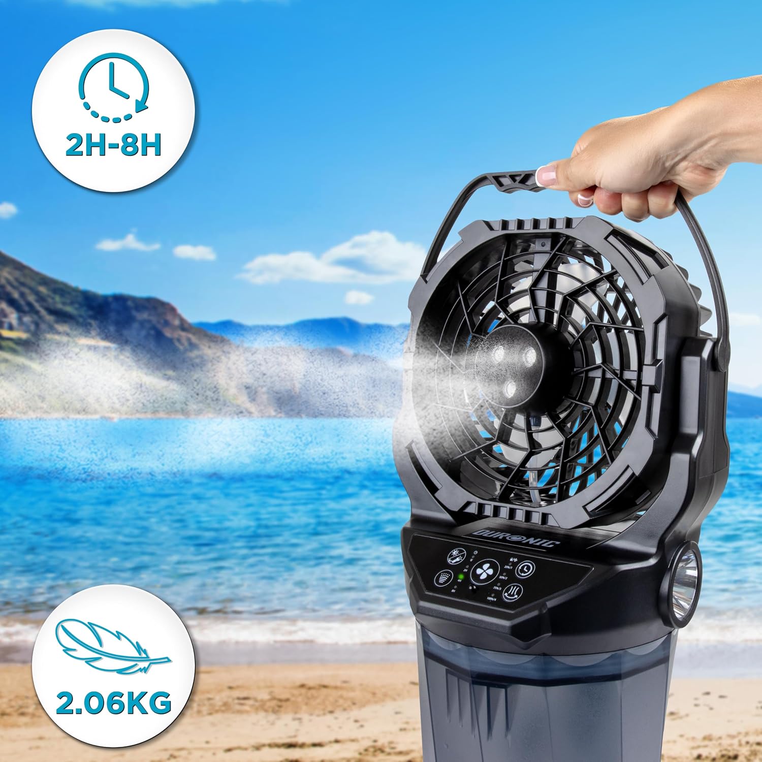 Duronic FM6 Ventilatore Nebulizzatore Portatile Ricaricabile 2L | Telecomando, 4 velocità, oscillazione 90°, luci LED, torcia emergenza, timer, USB-C, 2kg, per camera, ufficio, campeggio