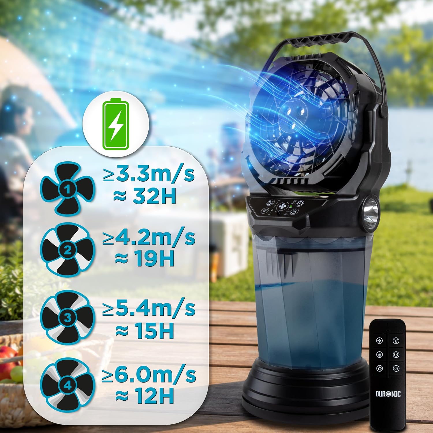 Duronic FM6 Ventilatore Nebulizzatore Portatile Ricaricabile 2L | Telecomando, 4 velocità, oscillazione 90°, luci LED, torcia emergenza, timer, USB-C, 2kg, per camera, ufficio, campeggio