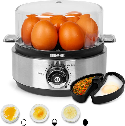Duronic EB40 Cuociuova 400W | Fino a 7 uova | Sode, alla coque, medie | Bollitore per uova con Timer e spegnimento automatico | Cuociuova con 2 teglie per omelette e misurino | Piedini antiscivolo