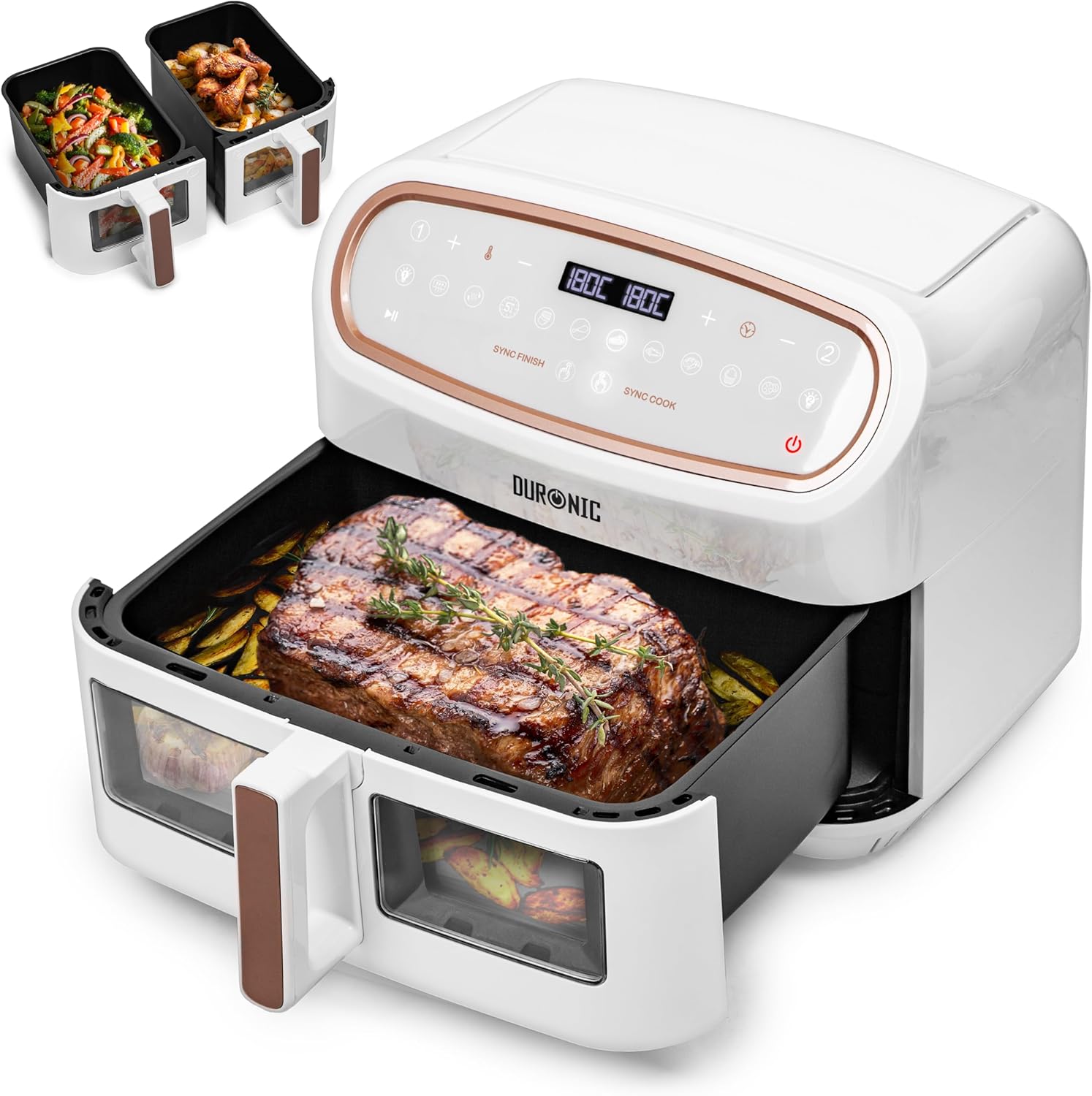 Duronic AF34 WE Friggitrice ad Aria extra grande, Air Fryer 2400W, 2 cestelli da 5L e 1 Cestello da 10L, Friggitrice senza olio 10in1, Friggitrice ad aria calda con finestra di controllo, Friggitrice