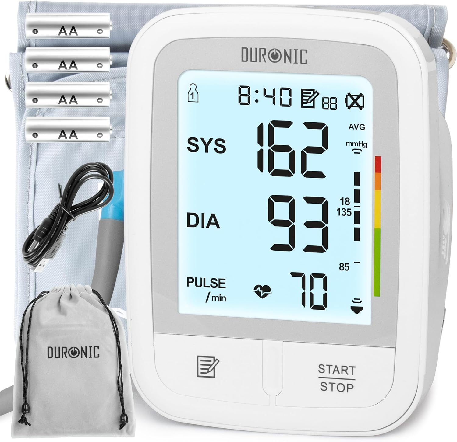 Duronic BPM95 Misuratore di Pressione da Braccio Digitale, Sfigmomanometro Automatico con Bracciale Regolabile, Memoria e Rilevazione Aritmie, 4 Batterie AA Incluse, Preciso e Facile da Usare