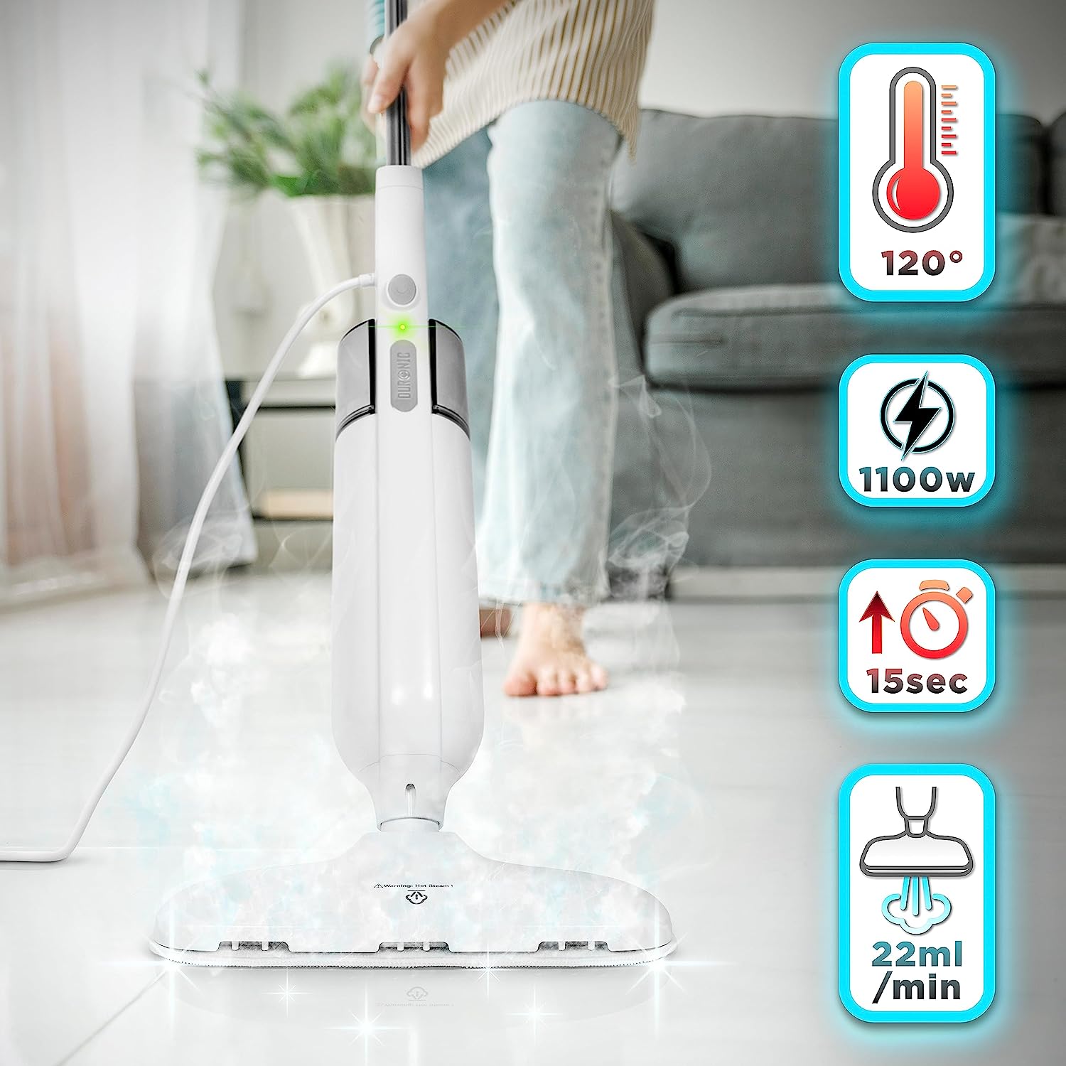 Duronic STM11 Lavapavimenti a vapore 1100W | Scopa a vapore 120°C con serbatoio da 300ml | 3 panni inclusi riscalda in 15sec | Cavo 4.5m | Pulitore a vapore per pavimenti | Elimina batteri e virus