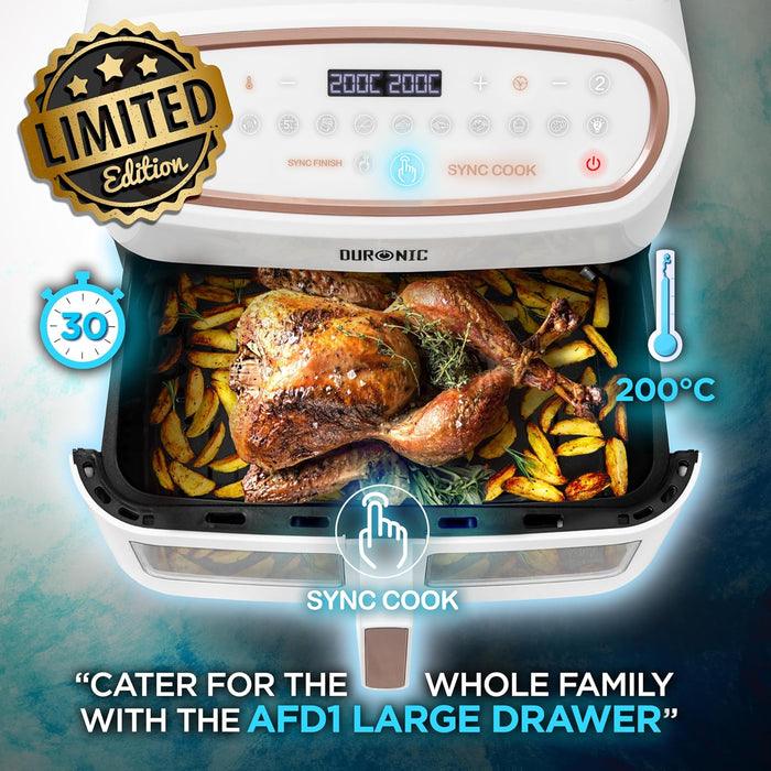 Duronic AF34 WE Friggitrice ad Aria extra grande, Air Fryer 2400W, 2 cestelli da 5L e 1 Cestello da 10L, Friggitrice senza olio 10in1, Friggitrice ad aria calda con finestra di controllo, Friggitrice