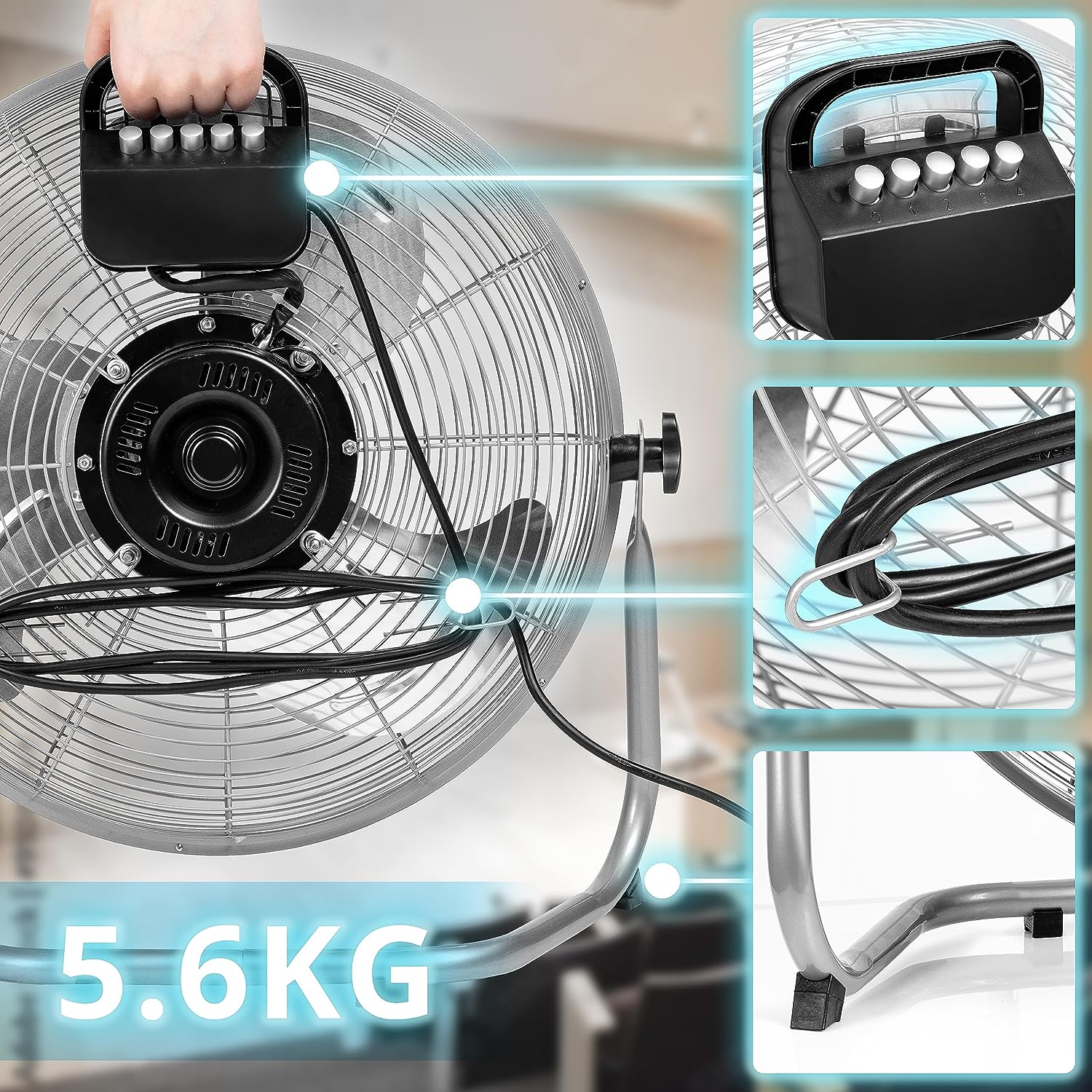Duronic FN20 Ventilatore silenzioso da pavimento, tavolo 120W | Ventola in metallo 20 | 4 velocità | Inclinazione 90° | Macchina del vento cromata | Casa, cucina, palestra, magazzini, ufficio