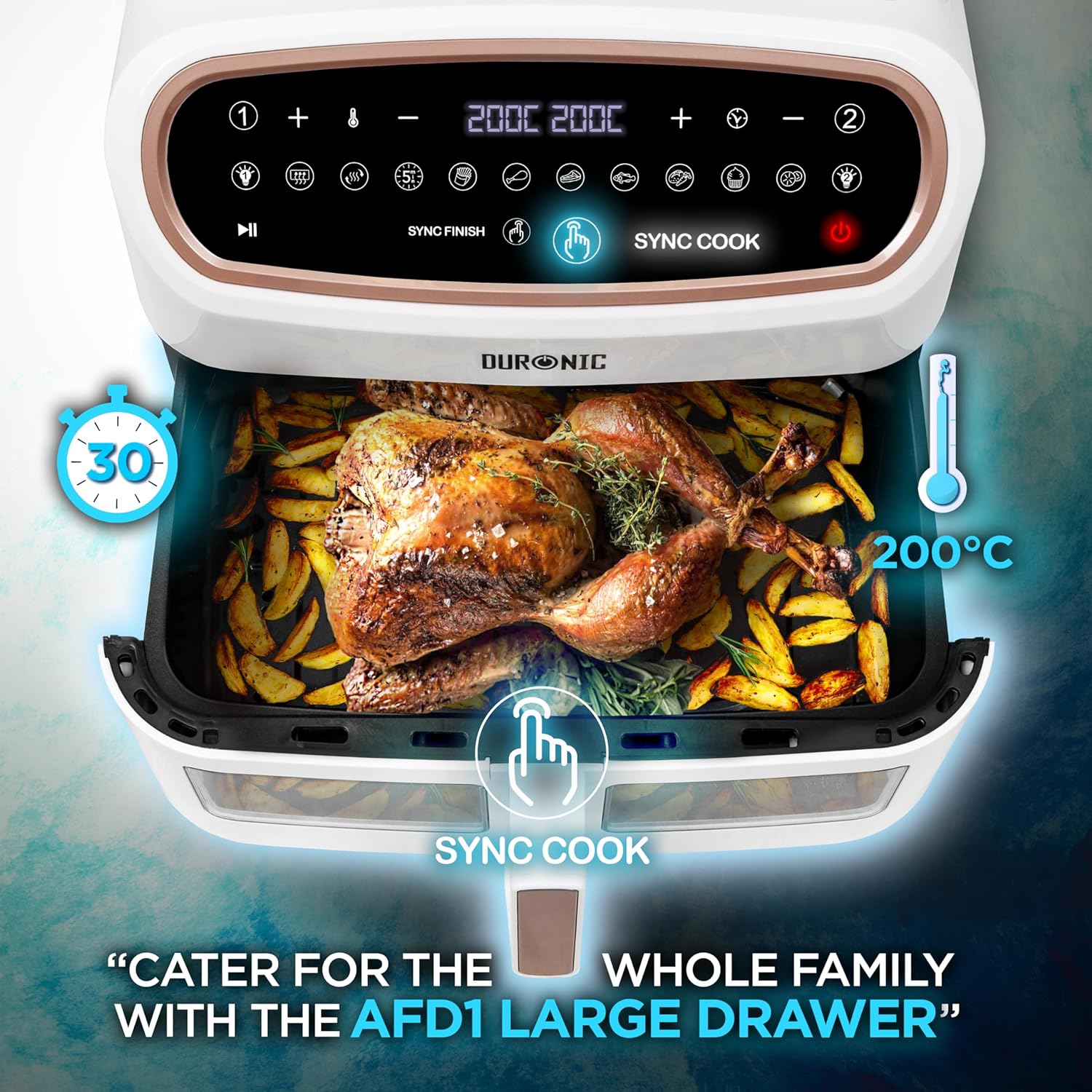 Duronic AF34 WG Friggitrice ad Aria extra grande, Air Fryer 2400W, 2 cestelli da 5L e 1 Cestello da 10L, Friggitrice senza olio 10in1, Friggitrice ad aria calda con finestra di controllo, Friggitrice