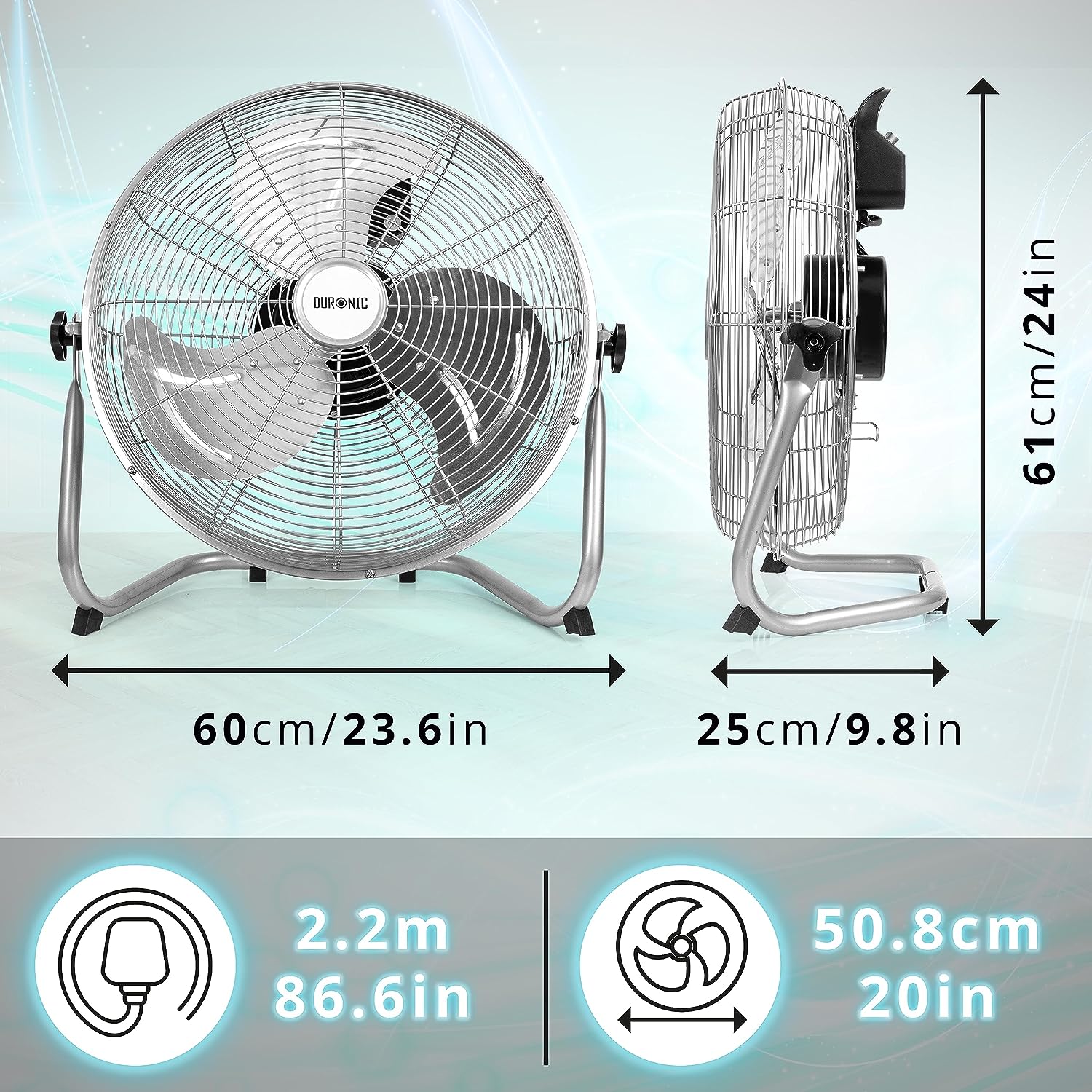 Duronic FN20 Ventilatore silenzioso da pavimento, tavolo 120W | Ventola in metallo 20 | 4 velocità | Inclinazione 90° | Macchina del vento cromata | Casa, cucina, palestra, magazzini, ufficio