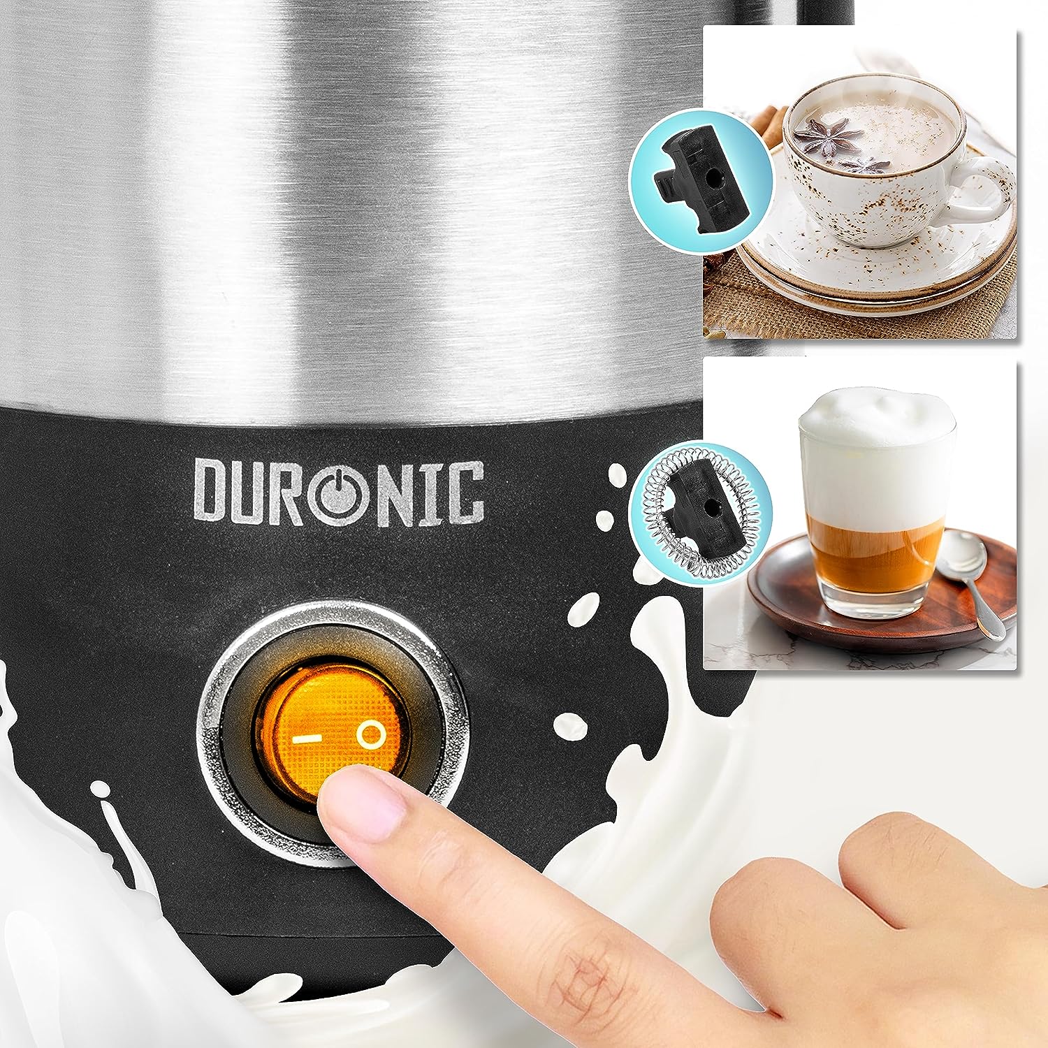 Duronic MF300 Montalatte elettrico 2 in 1, Schiumalatte automatico 300 ml, Scaldalatte 550W, Cappucinatore, Emulsionatore, Facile da usare e pulire, Ideale per caffè cioccolata calda cappuccino latte