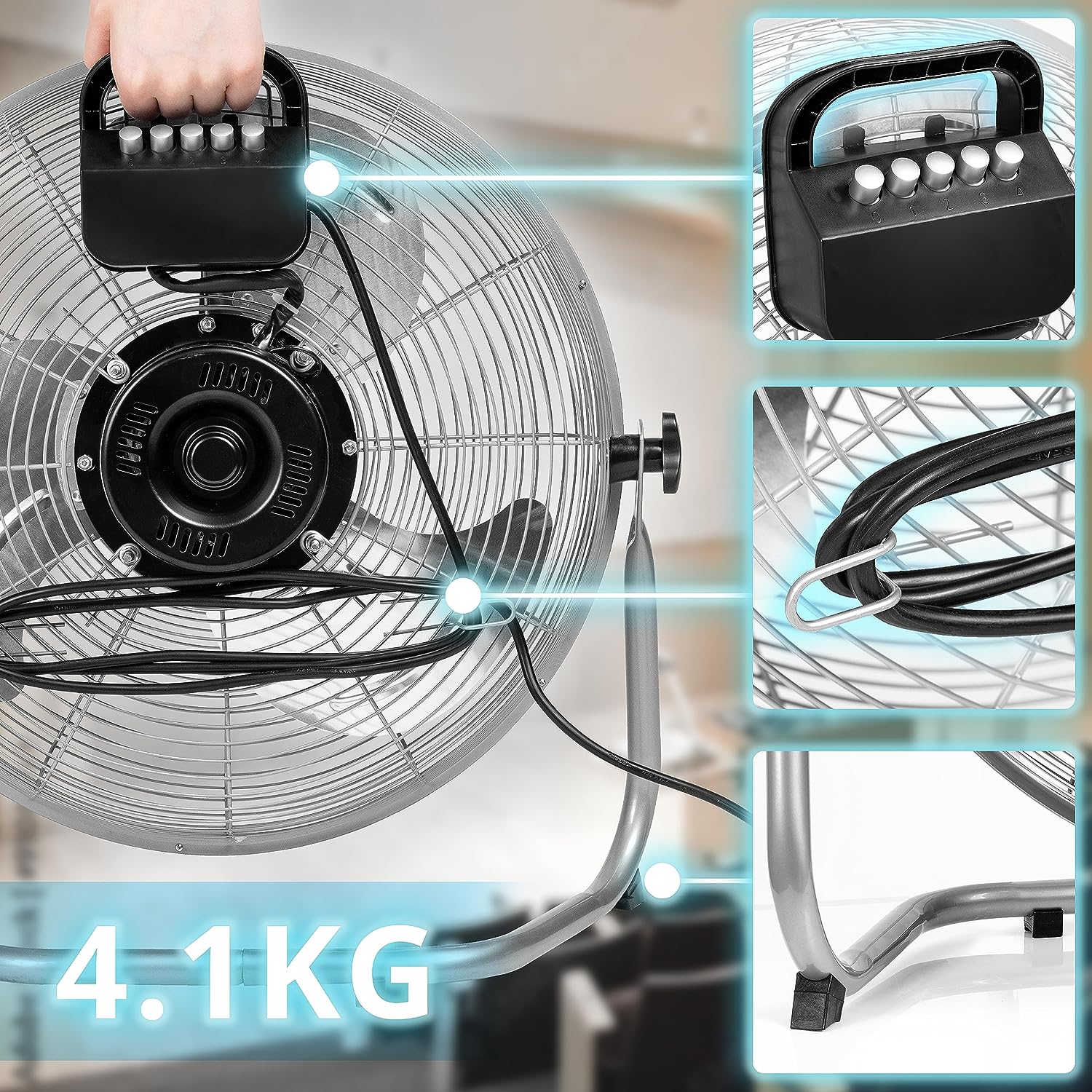 Duronic FN16 Ventilatore silenzioso da pavimento, tavolo 75W | Ventola in metallo 16 | 4 velocità | Inclinazione 90° | Macchina vento cromata | Casa, cucina, palestra, magazzini, ufficio