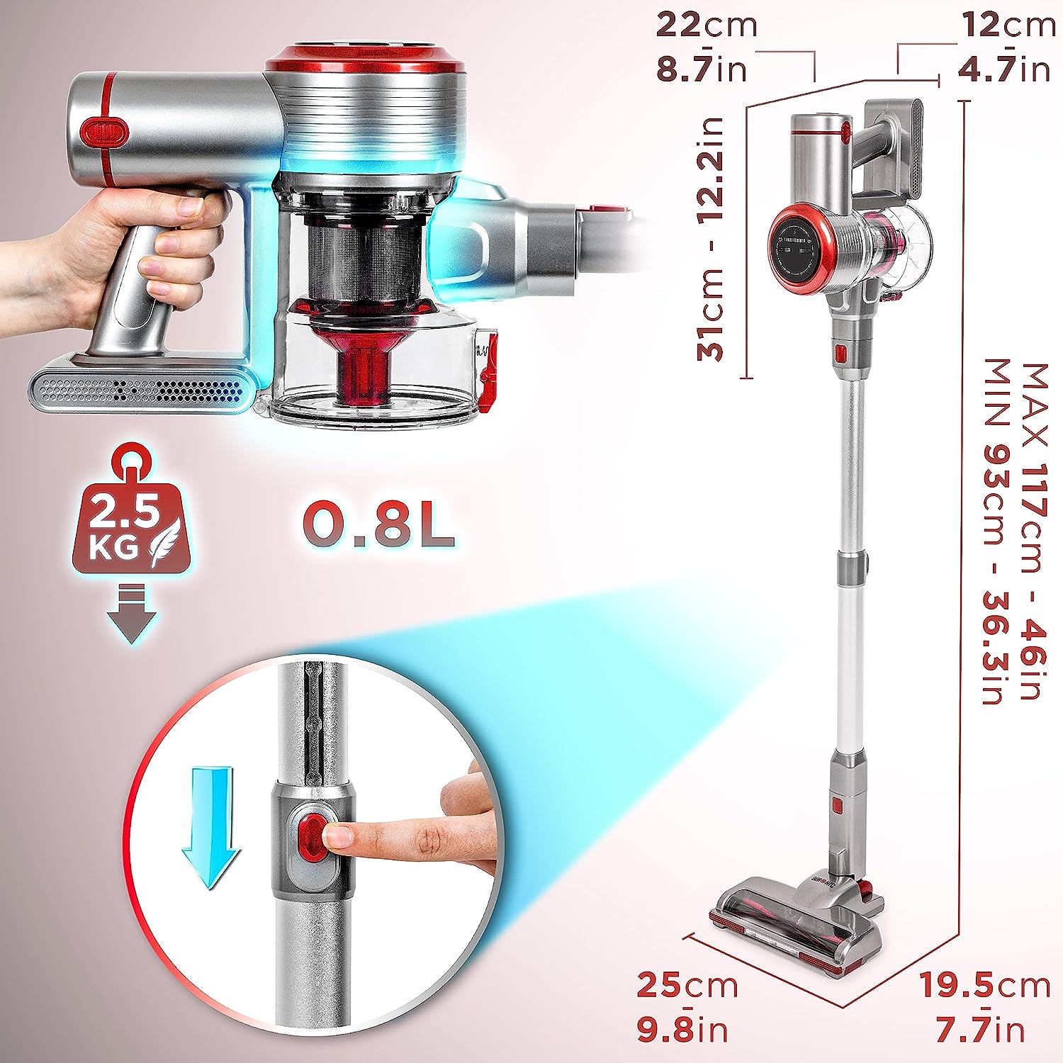 Duronic VC24 Scopa elettrica ricaricabile 220 W | 3 velocità | Aspirapolvere e aspirabriciole senza fili | Batteria ricaricabile | Autonomia 50 min | Senza sacco | Filtro HEPA | Tappeti e pavimenti