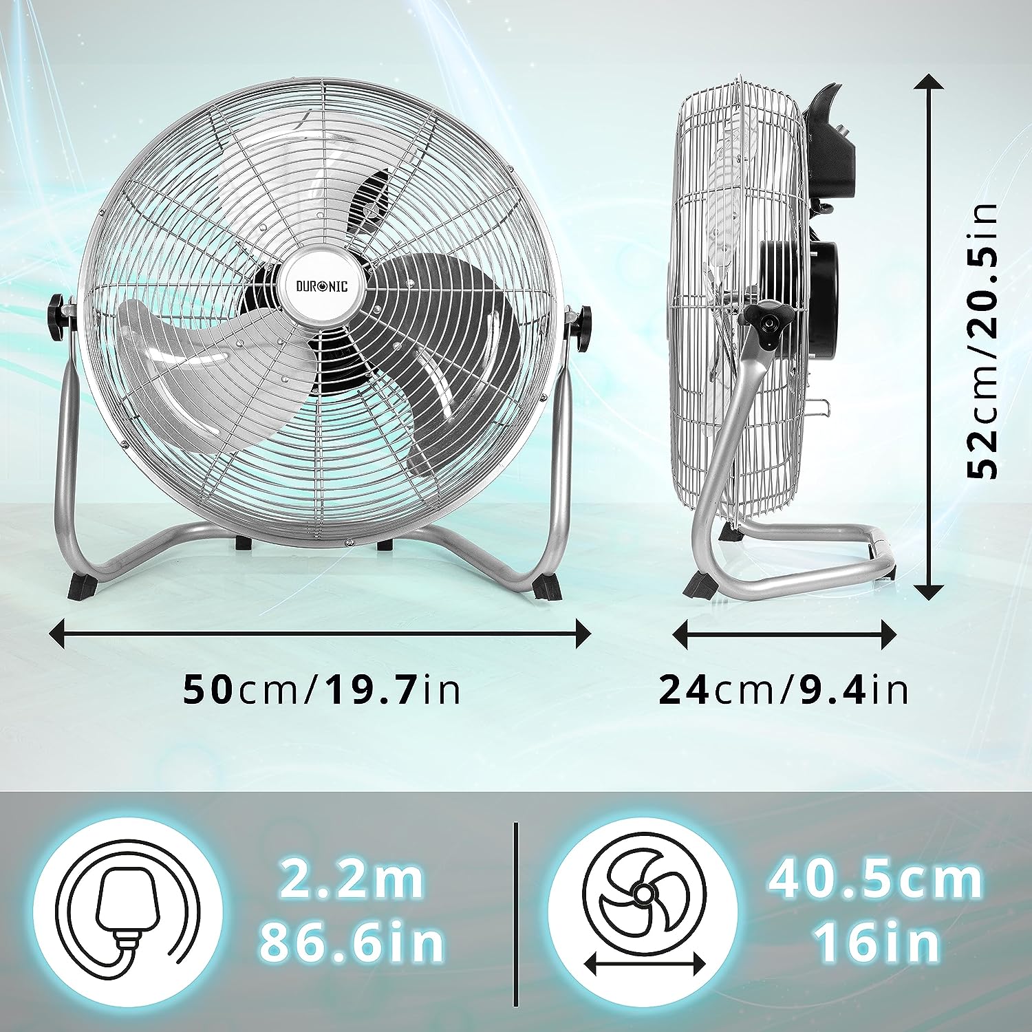 Duronic FN16 Ventilatore silenzioso da pavimento, tavolo 75W | Ventola in metallo 16 | 4 velocità | Inclinazione 90° | Macchina vento cromata | Casa, cucina, palestra, magazzini, ufficio