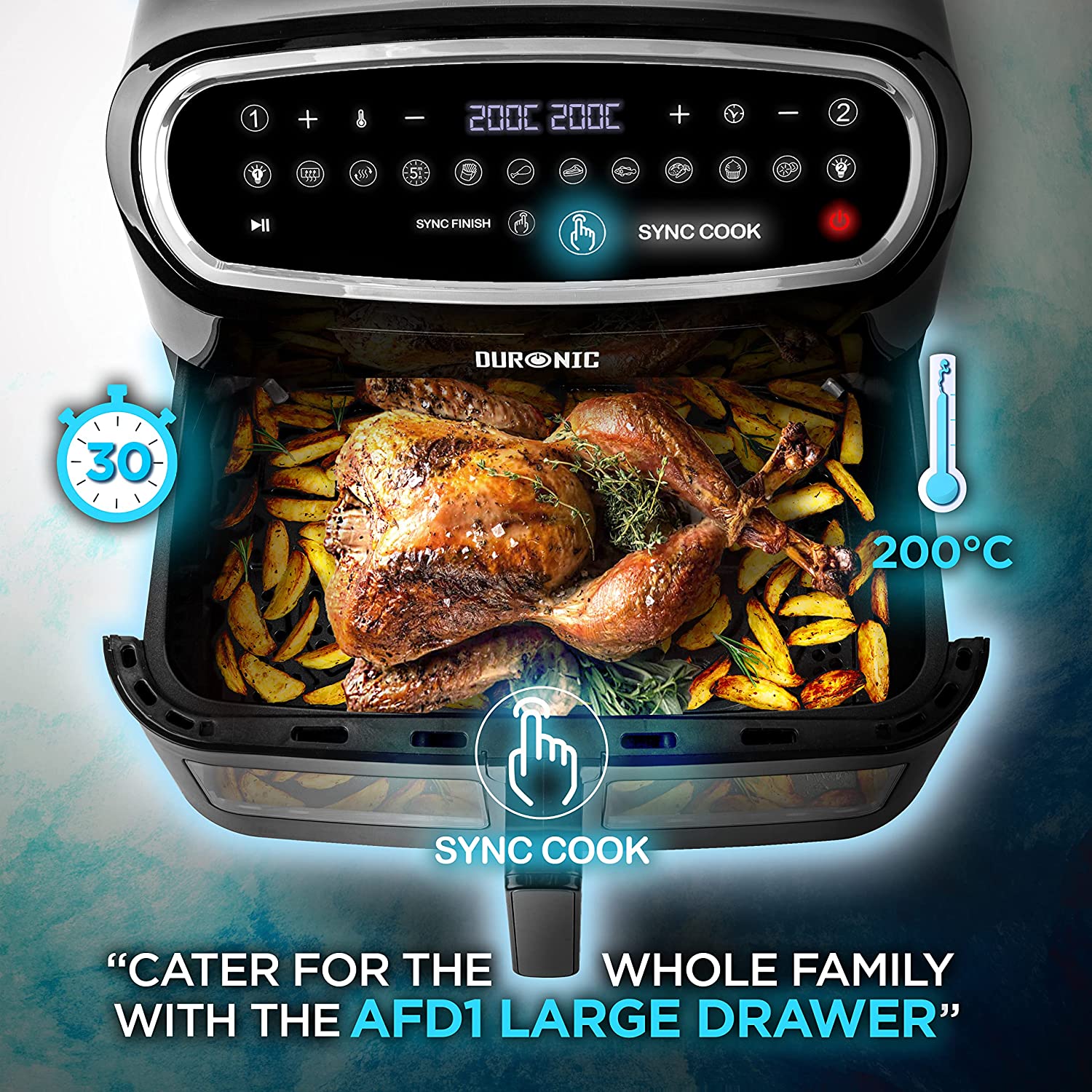 Duronic AF34 BK Friggitrice ad Aria XXL, Air Fryer 2400W Compatta, 2 cestelli da 5L e 1 Cestello da 10L, Friggitrice senza olio 10 in 1, Friggitrice ad aria calda con finestra di controllo