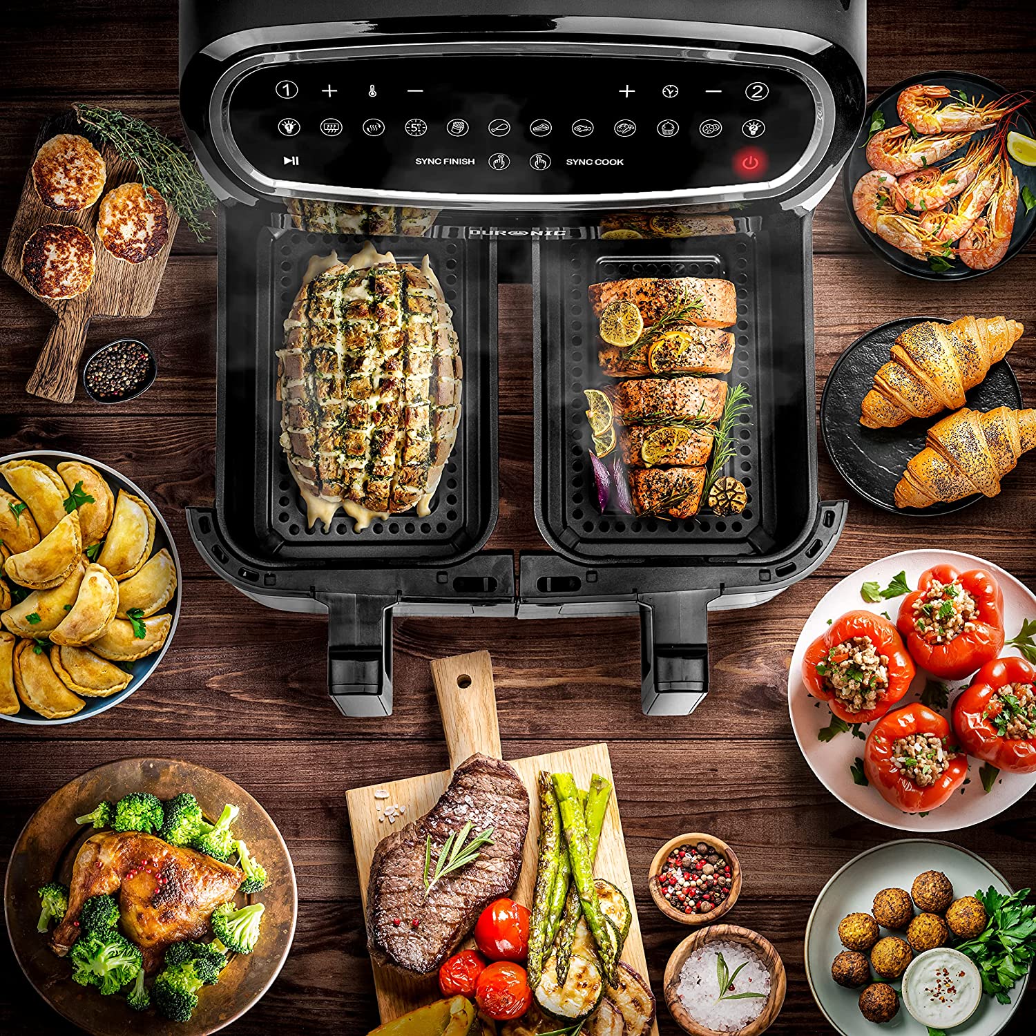 Duronic AF34 BK Friggitrice ad Aria XXL, Air Fryer 2400W Compatta, 2 cestelli da 5L e 1 Cestello da 10L, Friggitrice senza olio 10 in 1, Friggitrice ad aria calda con finestra di controllo