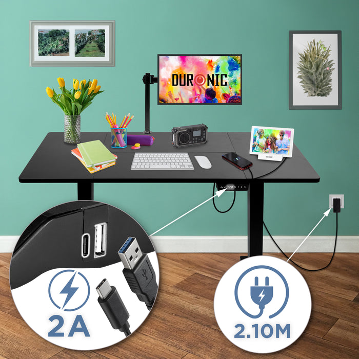 Duronic CD140 BK Scrivania Elettrica Regolabile in Altezza 140x60 cm Nera, Desk Sit Stand Motorizzato 72-118 cm con Memorie USB USB-C, Carico 70 kg, Postazione Ergonomica Ufficio Casa Smart Working