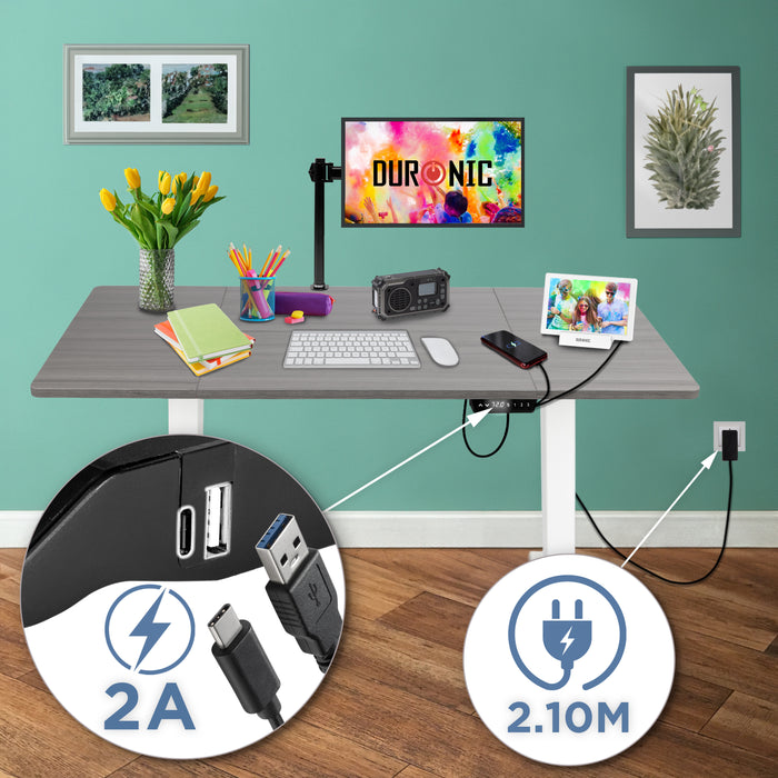 Duronic CD140 WE Scrivania Elettrica Regolabile in Altezza 140x60 cm, Desk Sit Stand Motorizzato 72-118 cm con Memorie USB USB-C, Carico 70 kg, Postazione Ergonomica Ufficio Casa Smart Working