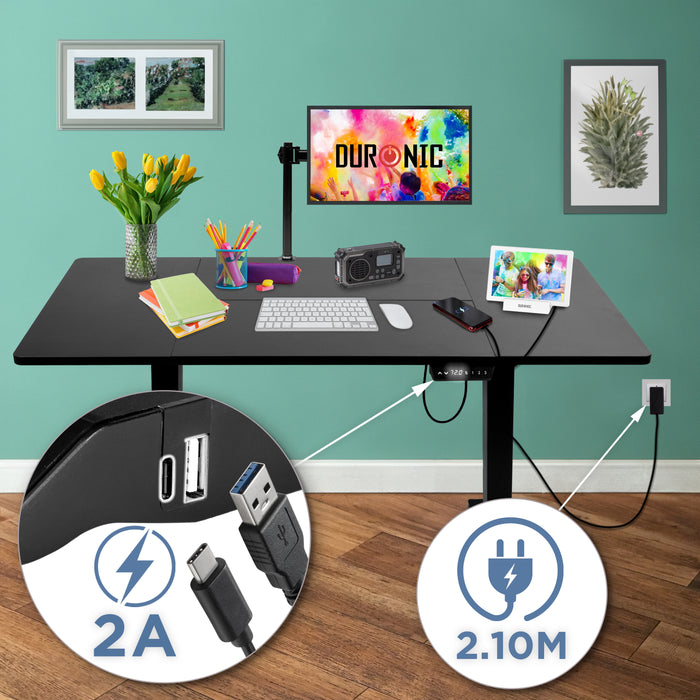 Duronic CD160 BK Scrivania Elettrica Regolabile in Altezza 160x60 cm Nera, Desk Sit Stand Motorizzato 72-118 cm, 3 Memorie, USB USB-C, Carico 70 kg, Postazione Ergonomica Ufficio Casa Smart Working