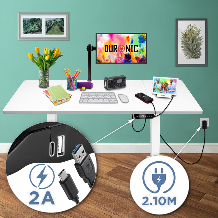 Duronic CD160 WE Scrivania Elettrica Regolabile in Altezza 160x60 cm Bianco, Desk Motorizzato 72-118 cm, 3 Memorie, USB USB-C, Carico 70 kg, Postazione Ergonomica Ufficio Casa Smart Working