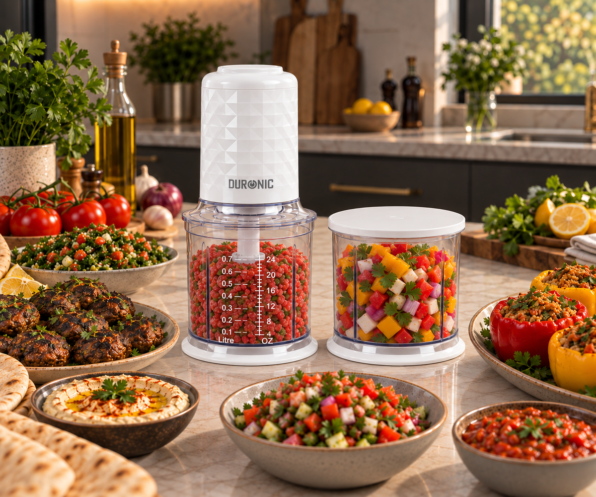Duronic CH57 WE Mini Tritatutto 500W con 2 Ciotole 700 ml con Coperchio, Robot da Cucina Multifunzione per Verdure Frutta Carne Spezie, 4 Lame Acciaio Inox, Funzione Impulso, Preparazione Salse Bianco