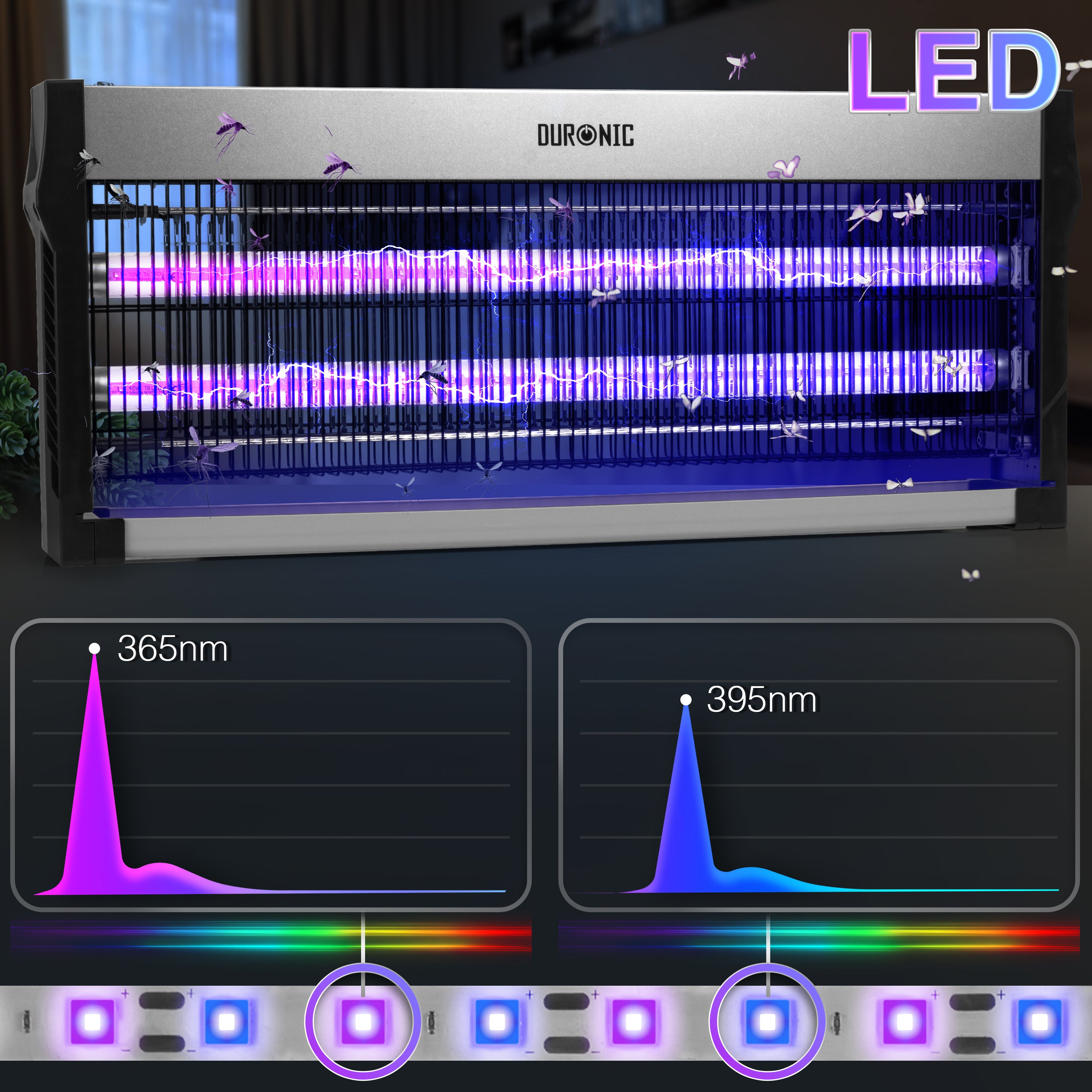 DURONIC FK2X10 Lampada elettrica antizanzare grigia con luce UV e specifica lunghezza d’onda