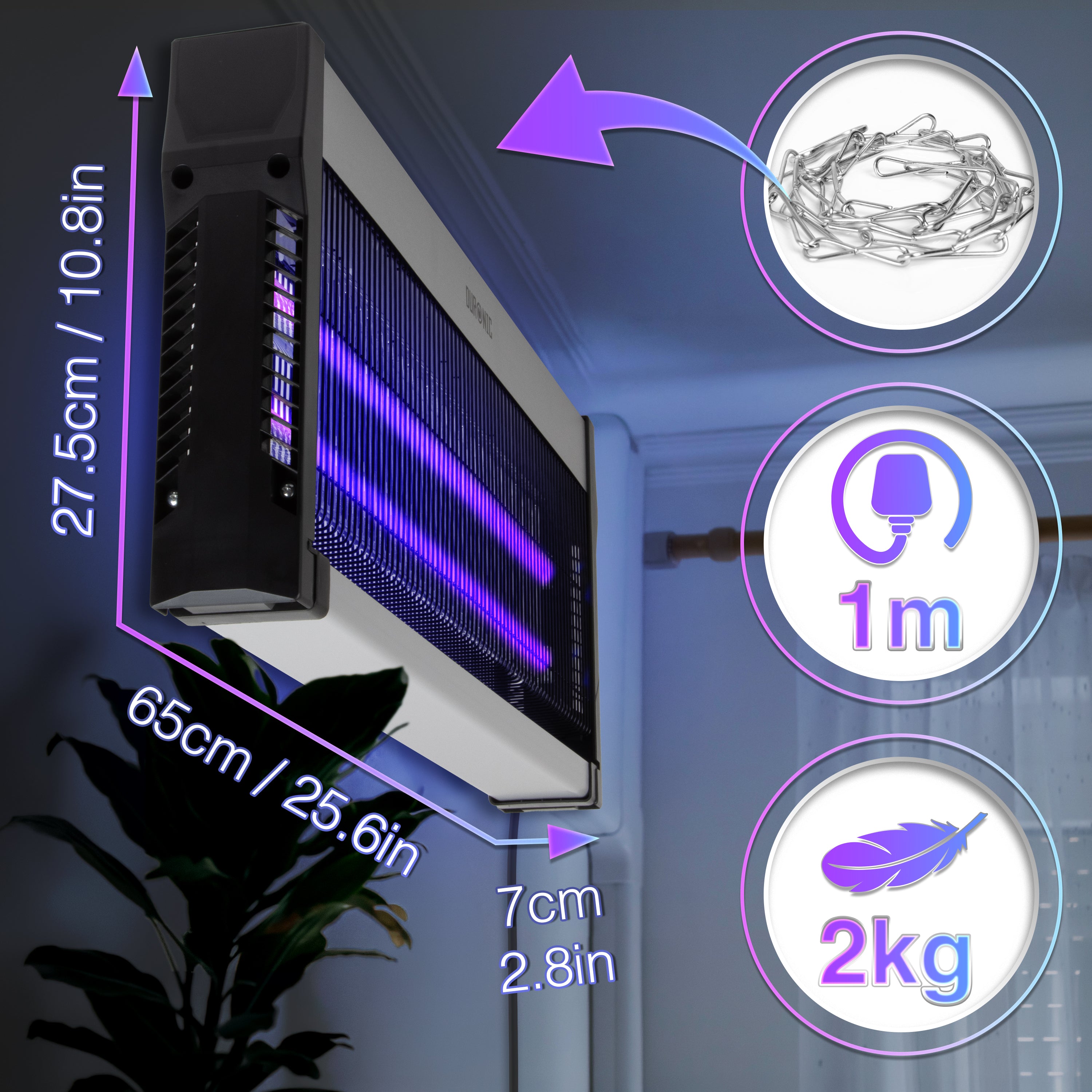 DURONIC FK2X10 Lampada elettrica antizanzare grigia con misure specifiche, peso e accessori inclusi