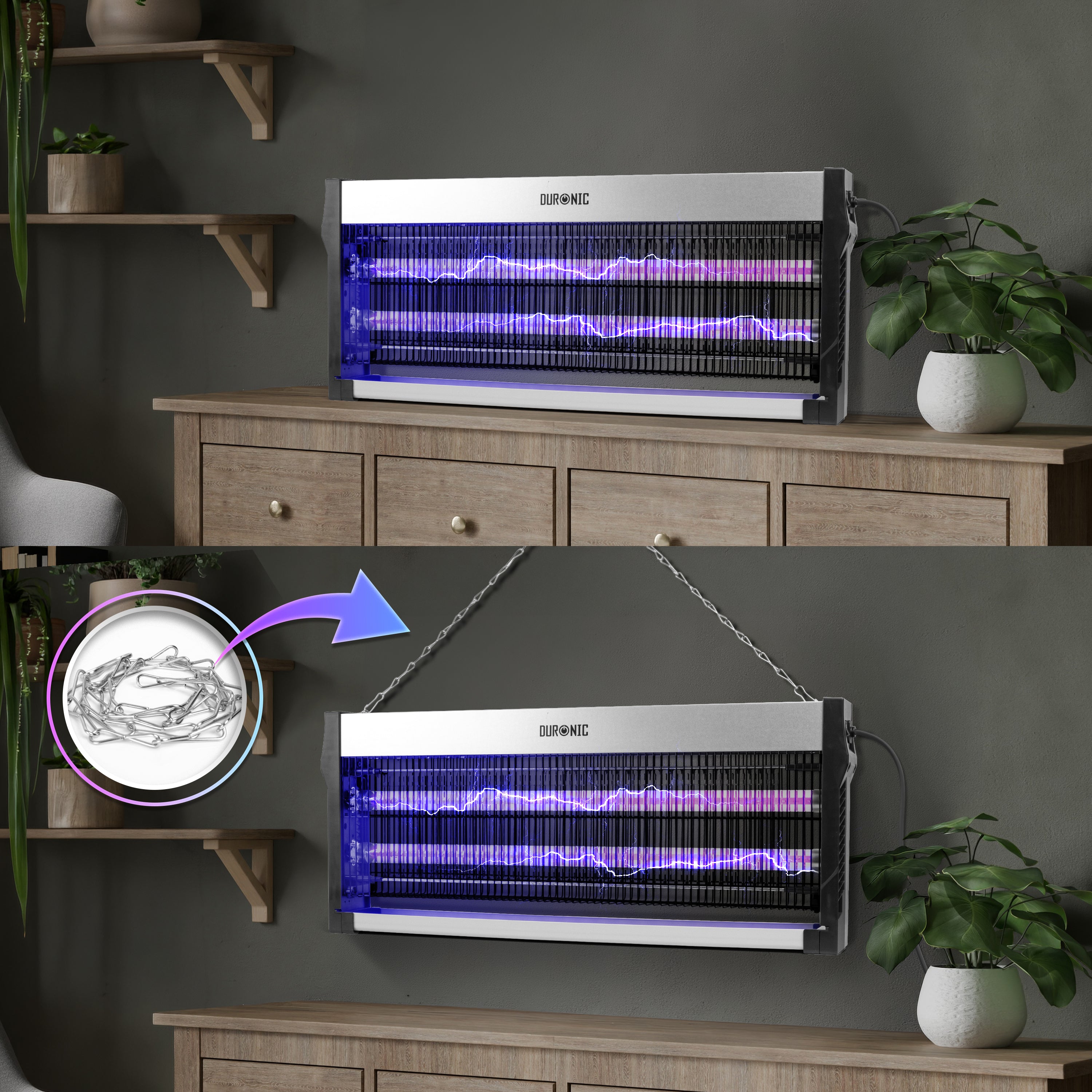 DURONIC FK2X10 Lampada elettrica antizanzare grigia per uso a parete, da tavolo o sospesa con catena