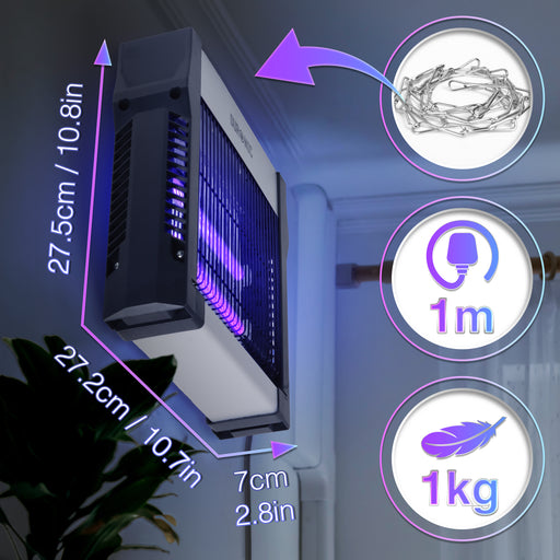 DURONIC FK2X4 Lampada elettrica antizanzare grigia con misure specifiche, accessori inclusi e sospesa in aria all’interno di una stanza chiusa