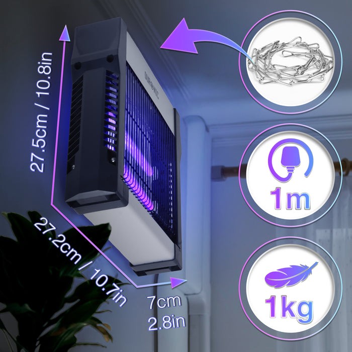 DURONIC FK2X4 Lampada elettrica antizanzare grigia con misure specifiche, accessori inclusi e sospesa in aria all’interno di una stanza chiusa