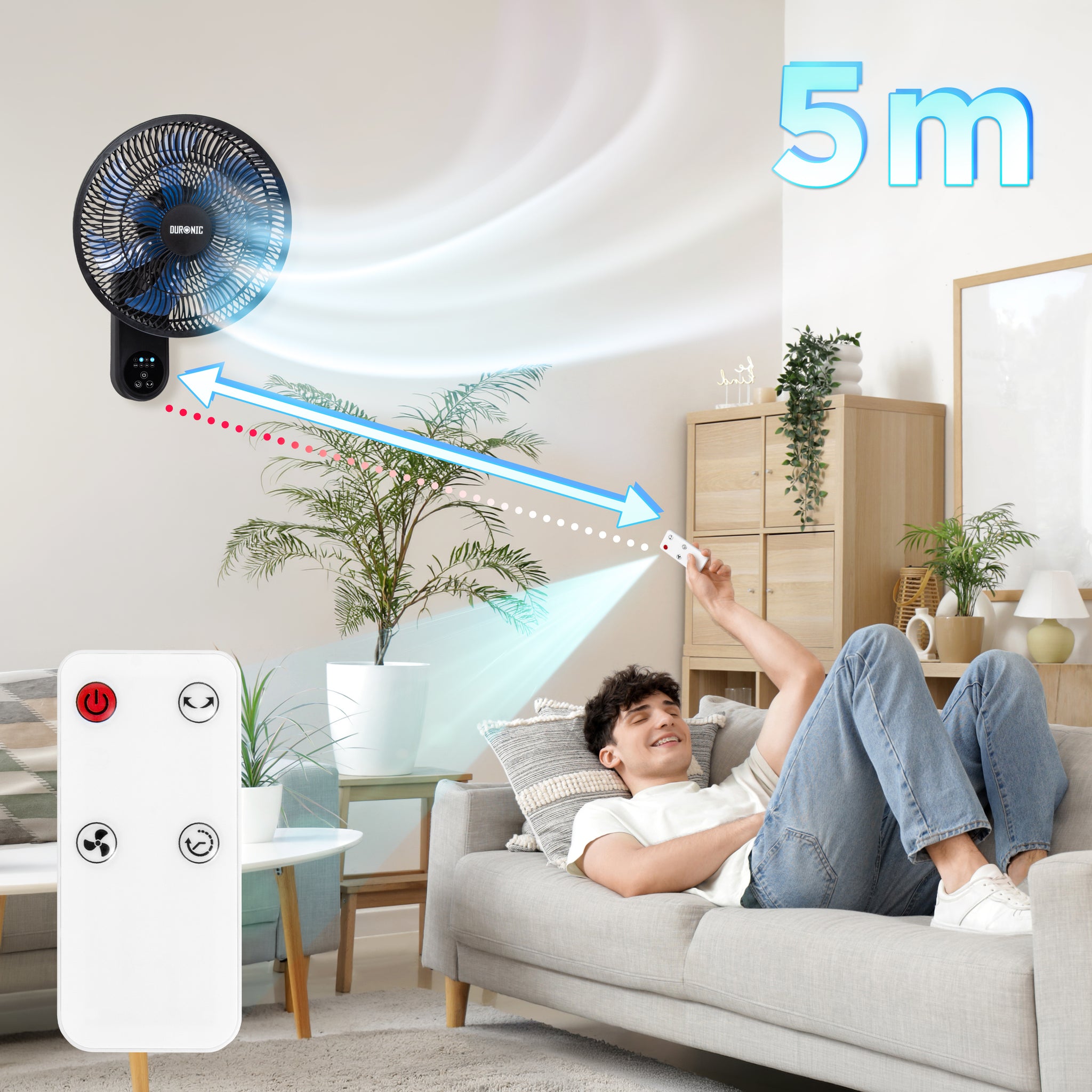 DURONIC FN12 BK Ventilatore nero da parete in uso con telecomando bianco e distanza di funzionamento fino a 5 m