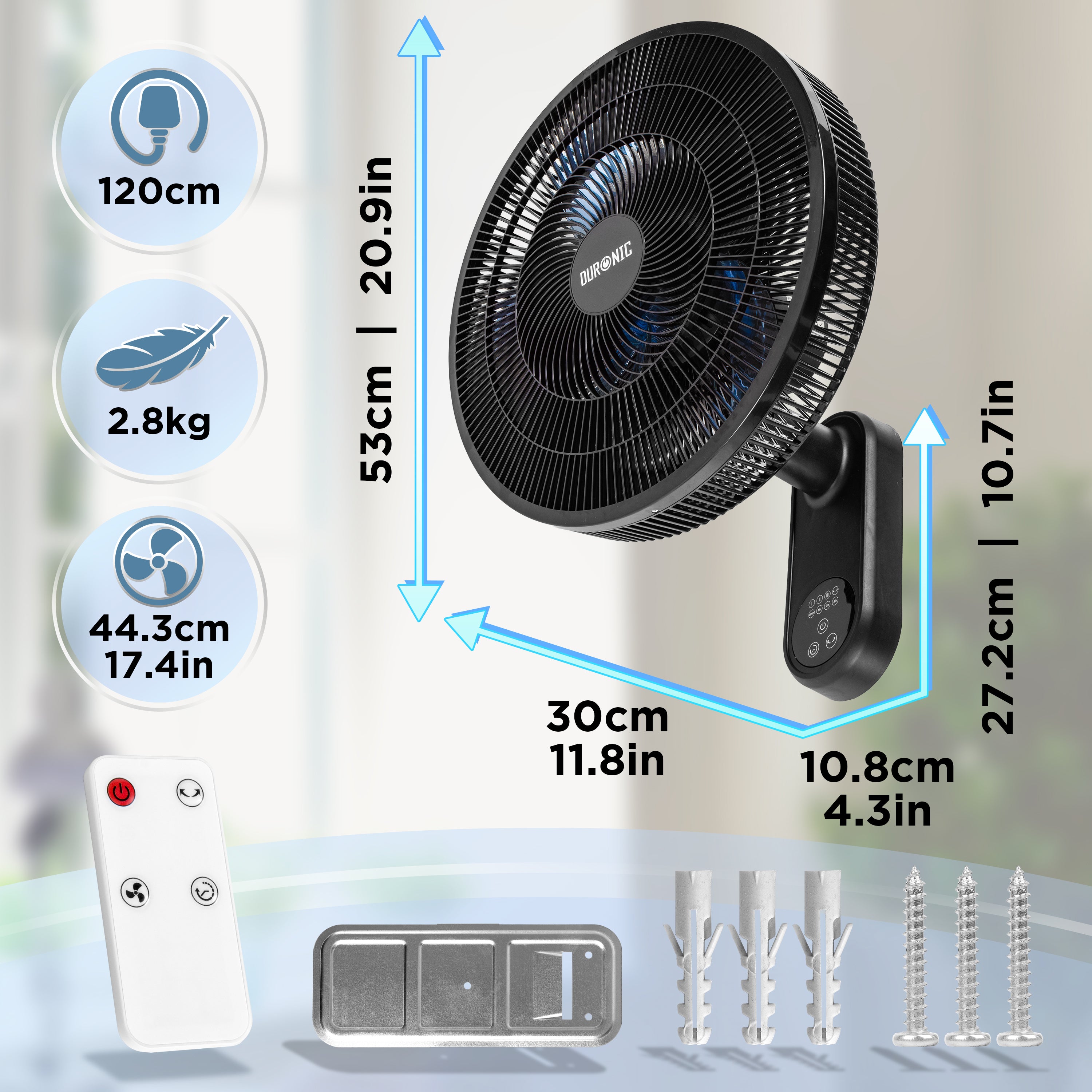 DURONIC FN42 BK Ventilatore nero da parete con specifiche tecniche e accessori inclusi