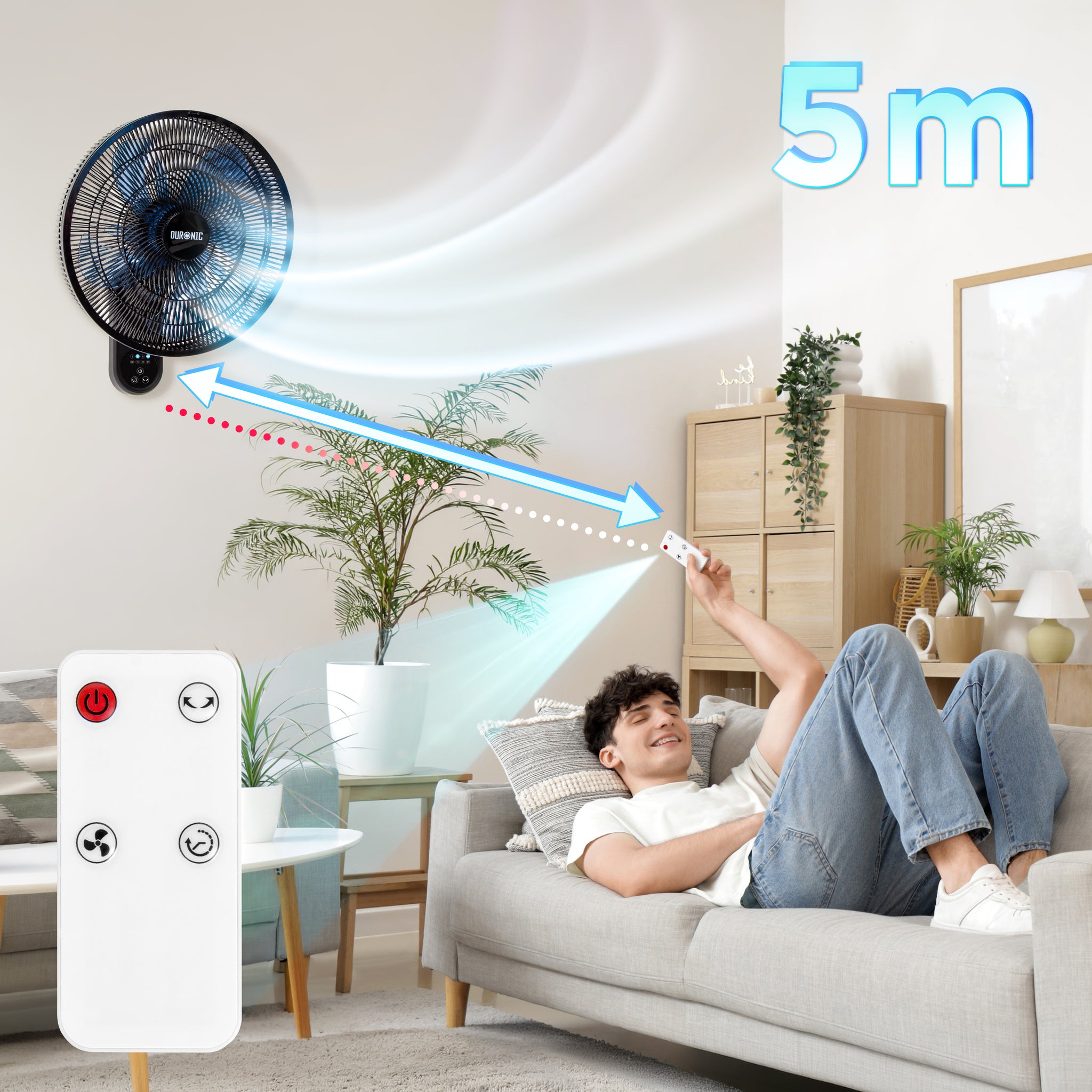 DURONIC FN42 BK Ventilatore nero da parete in uso con telecomando bianco e distanza di funzionamento fino a 5 m