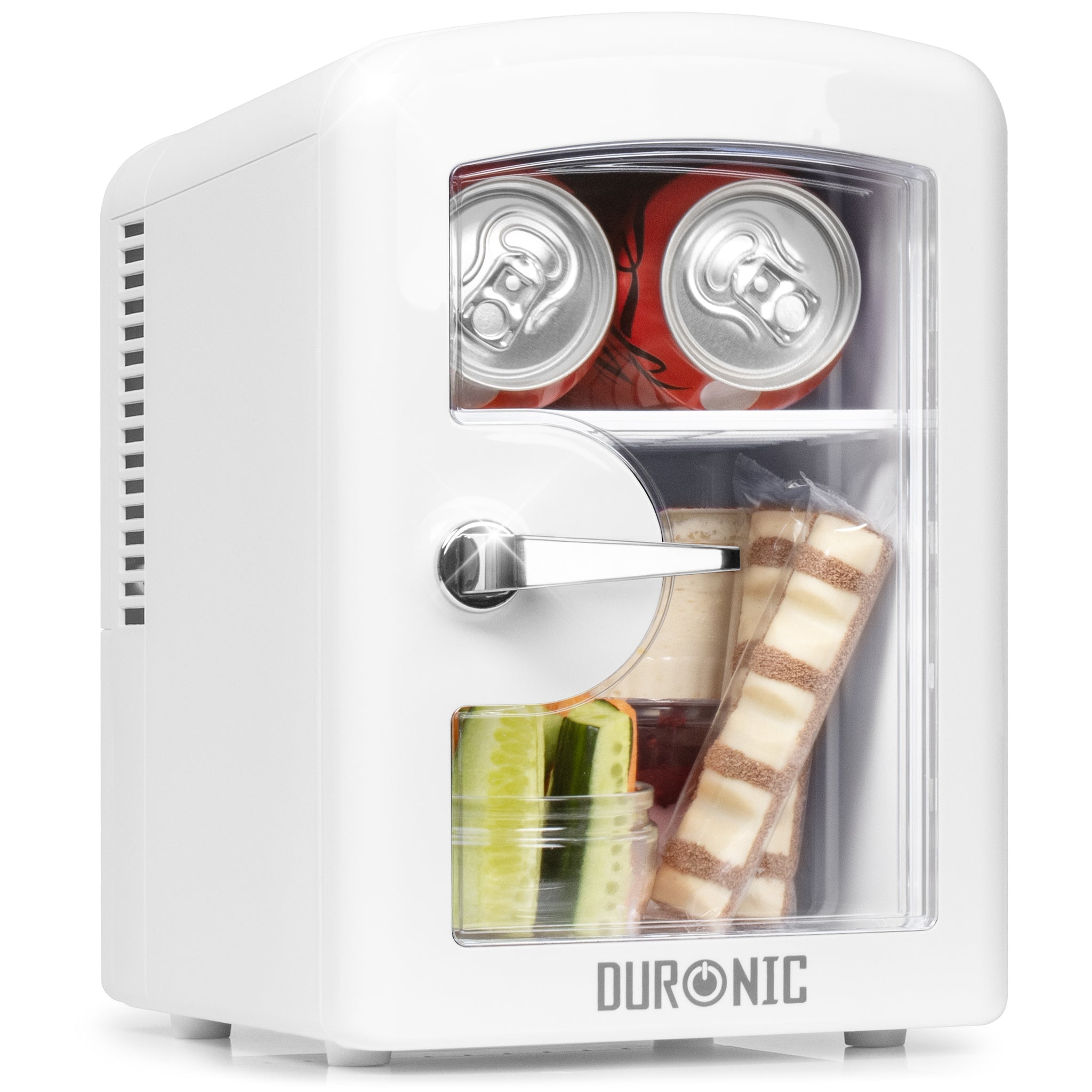 DURONIC MFW4 WE mini frigorifero bianco con porta trasparente e design compatto.