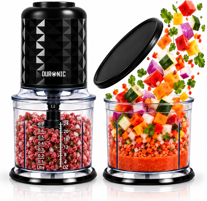 Duronic CH57 BK Mini Tritatutto 500W con 2 Ciotole 700 ml con Coperchio, Robot da Cucina Multifunzione per Verdure Frutta Carne Spezie, 4 Lame Acciaio Inox, Funzione Impulso, Preparazione Salse Nero